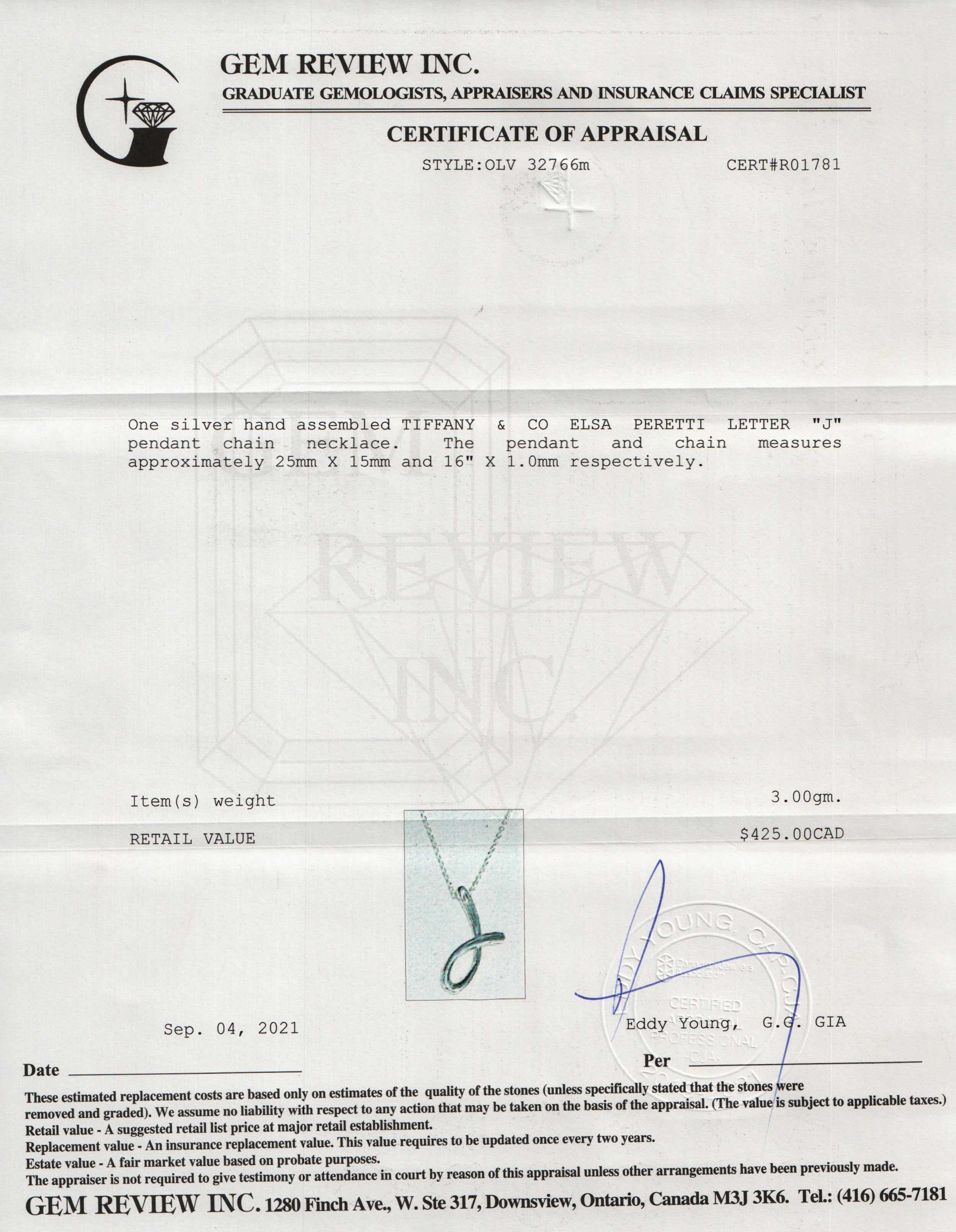 Tiffany & Co. Elsa Peretti Letter 'J' Pendant Necklace
