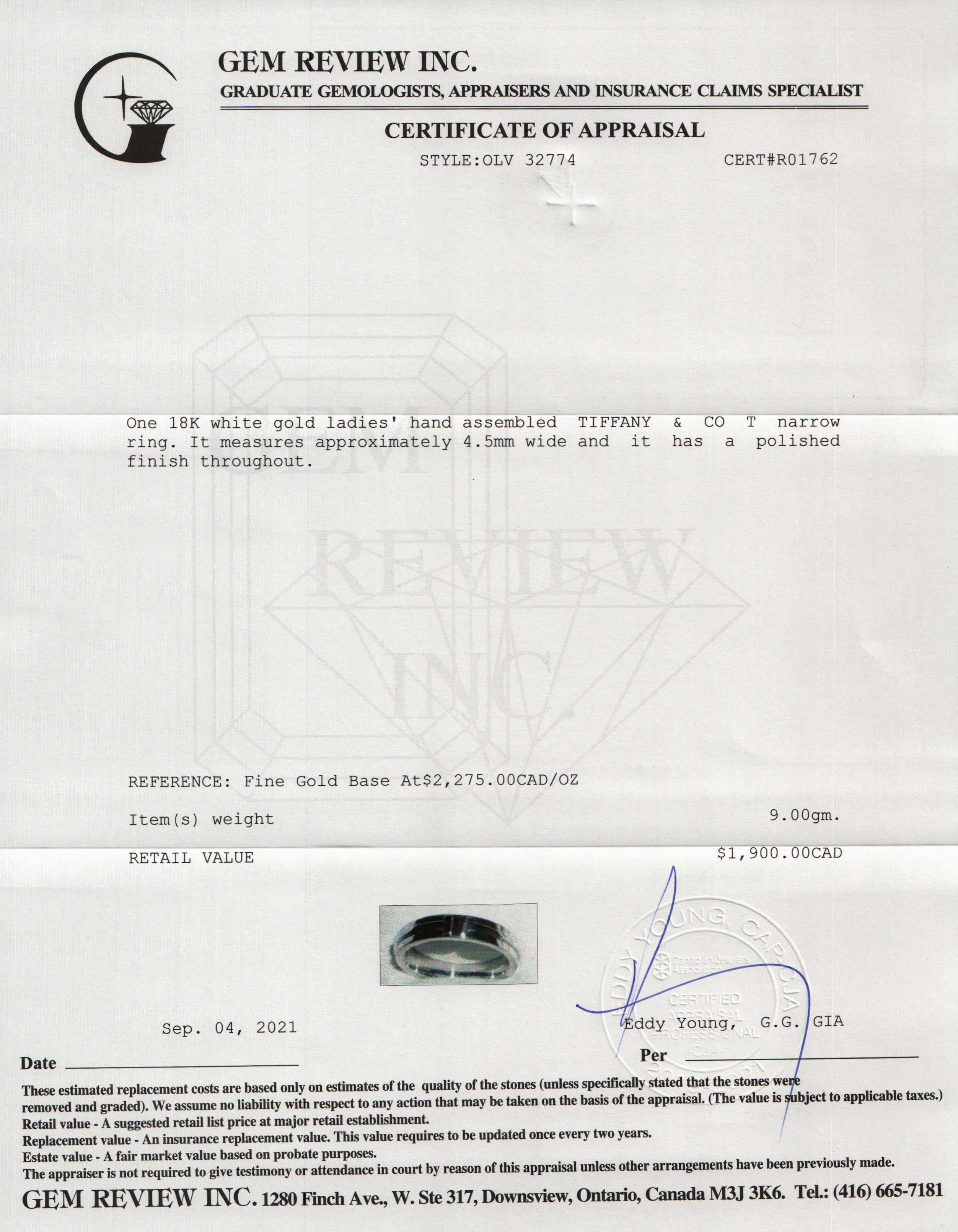 Tiffany & Co. 18k White Gold T Narrow Ring