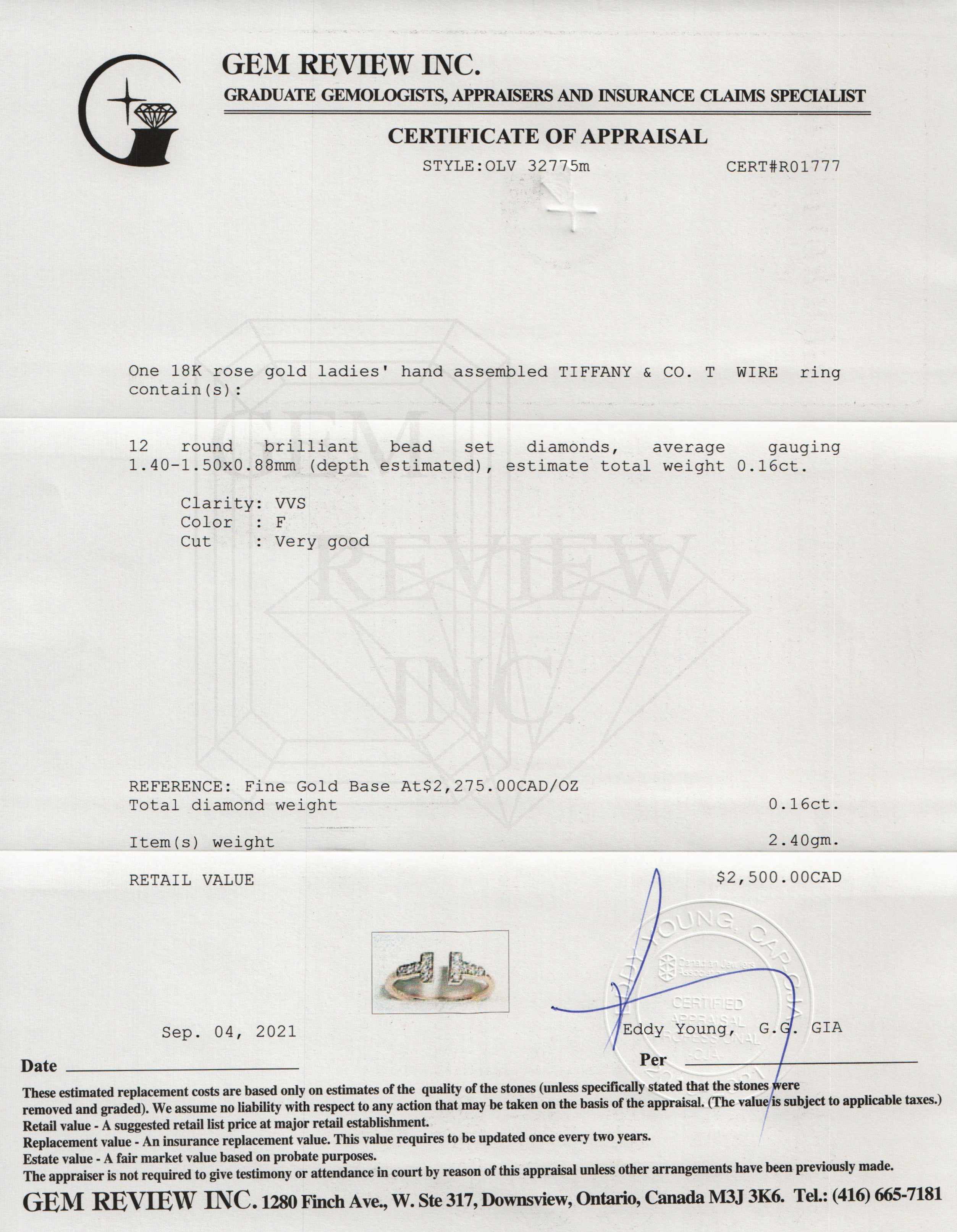 Tiffany & Co. 18k Rose Gold T Wire Diamond Ring w/ Box & Receipt