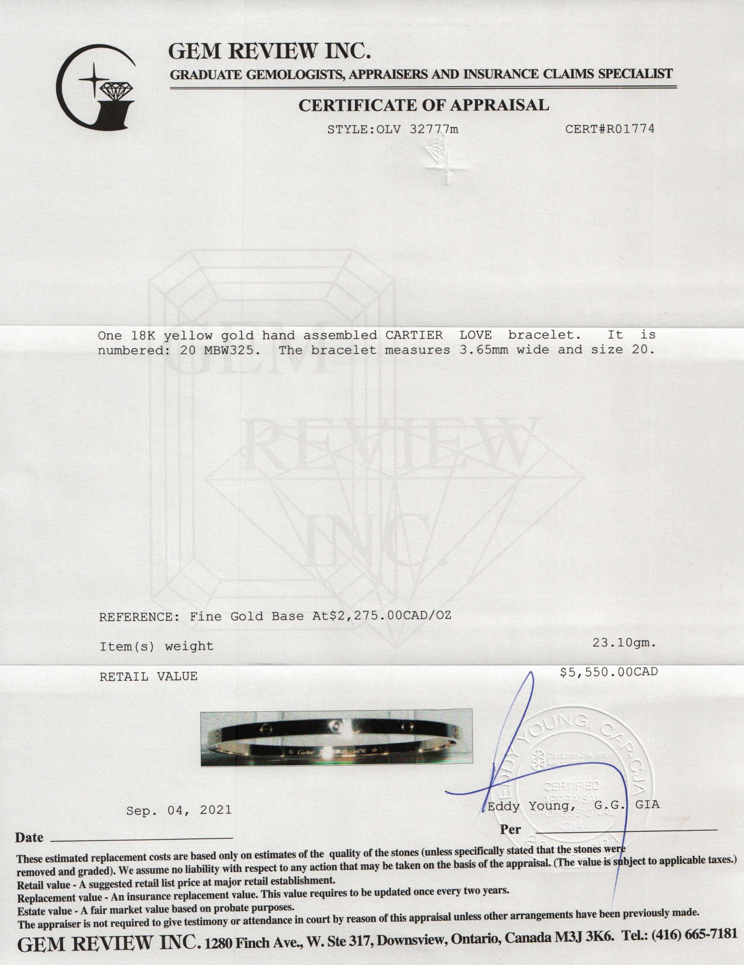 Cartier 18k Yellow Gold Love Bracelet, SM Model w/ Box, Receipt & Certificate