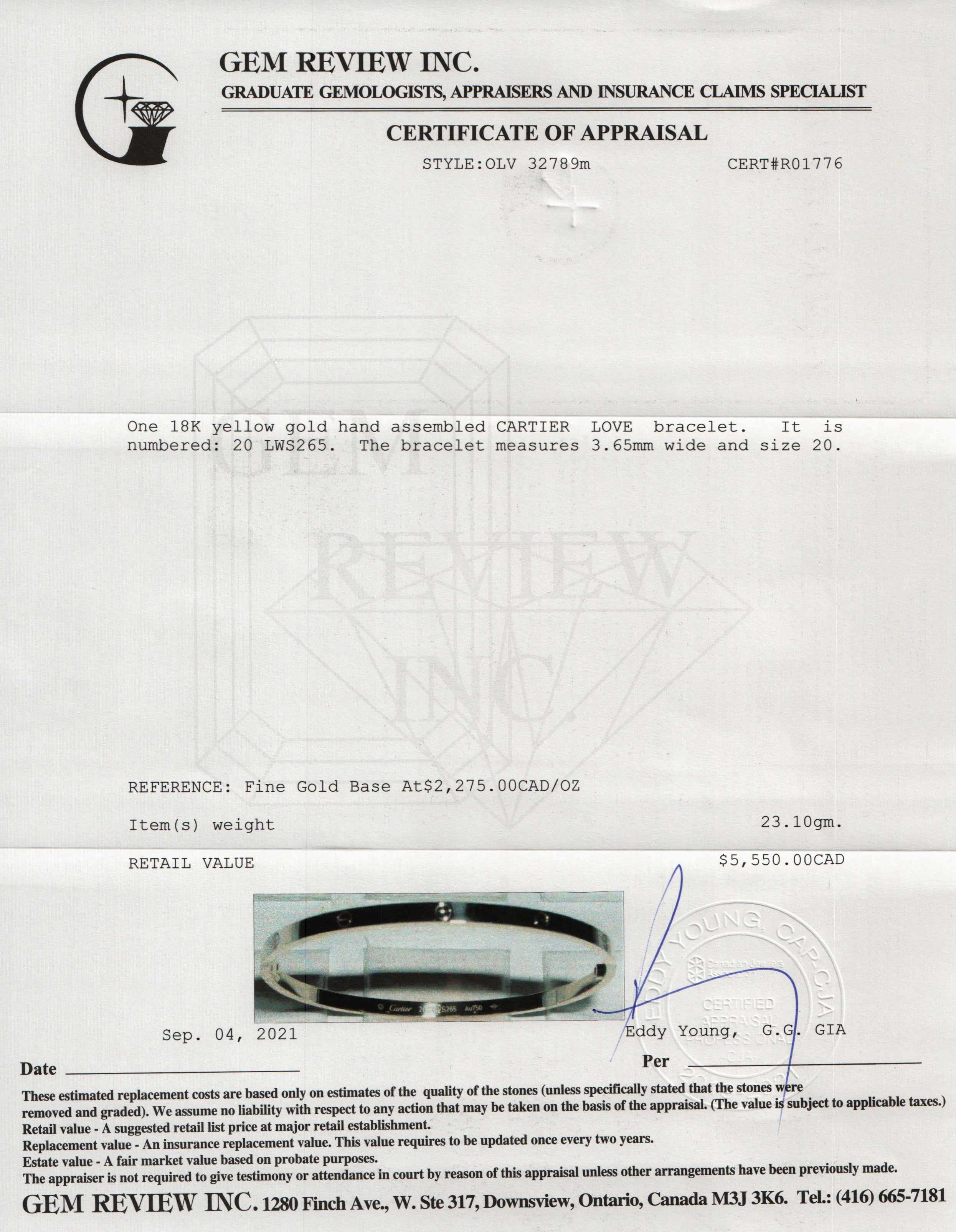 Cartier 18k Yellow Gold Love Bracelet, SM Model w/ Box & Certificate