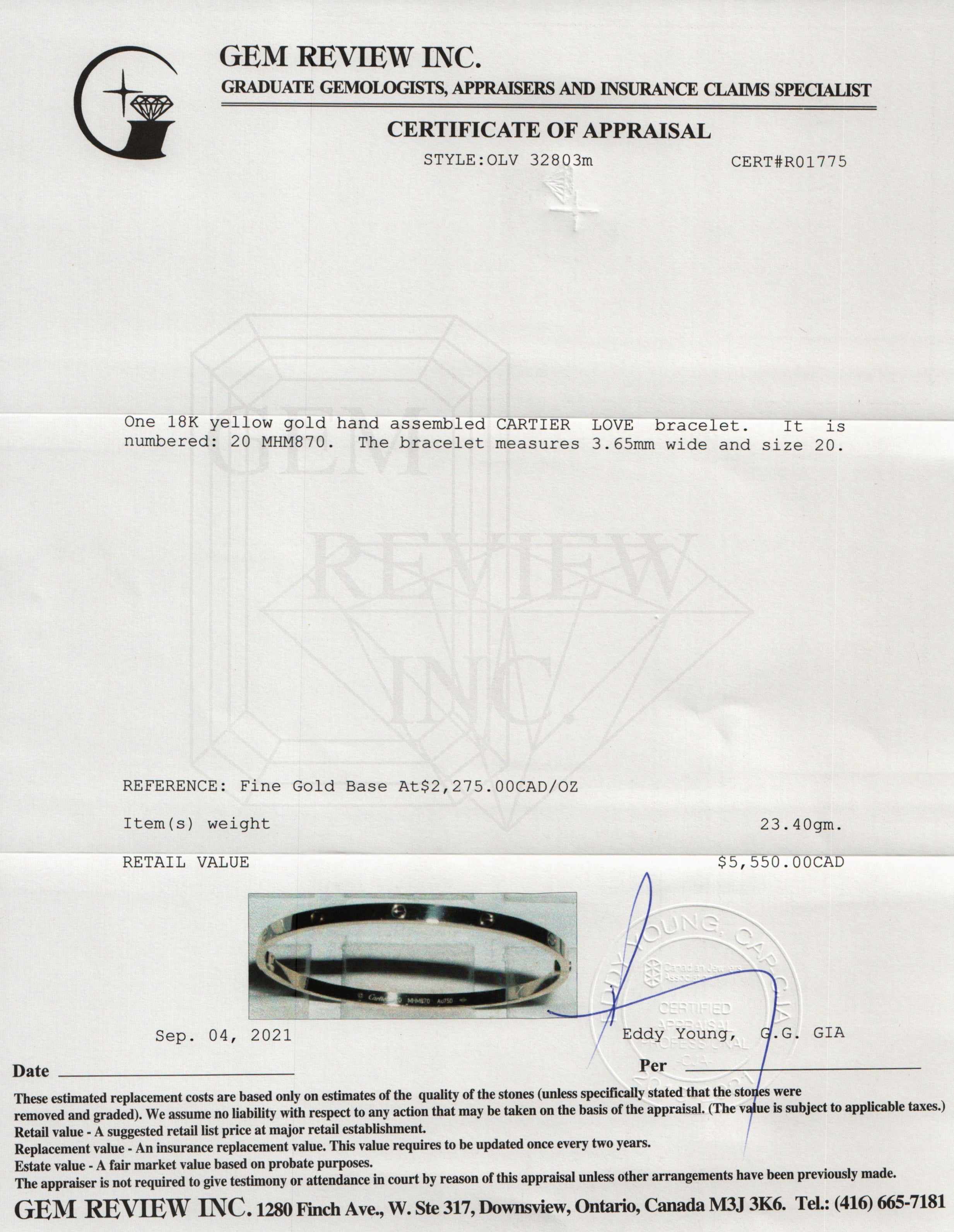 Cartier Love Bracelet, SM Model w/ Box, Certificate & Receipt