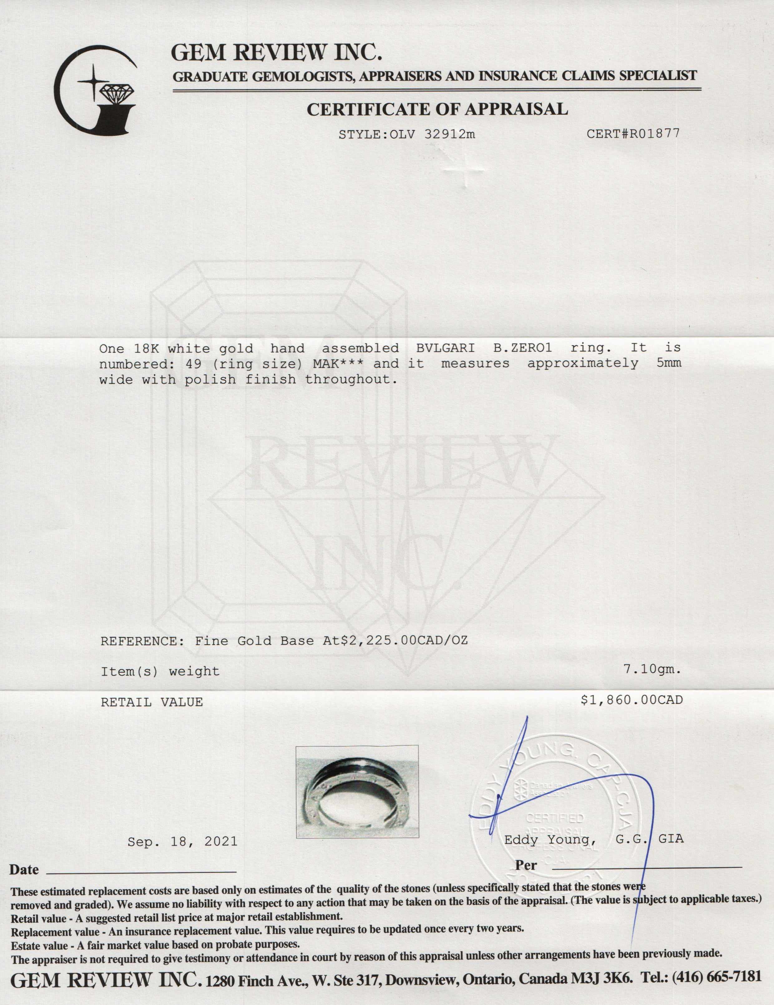 BVLGARI 18k White Gold B.Zero1 One-Band Ring w/ Box & Certificate