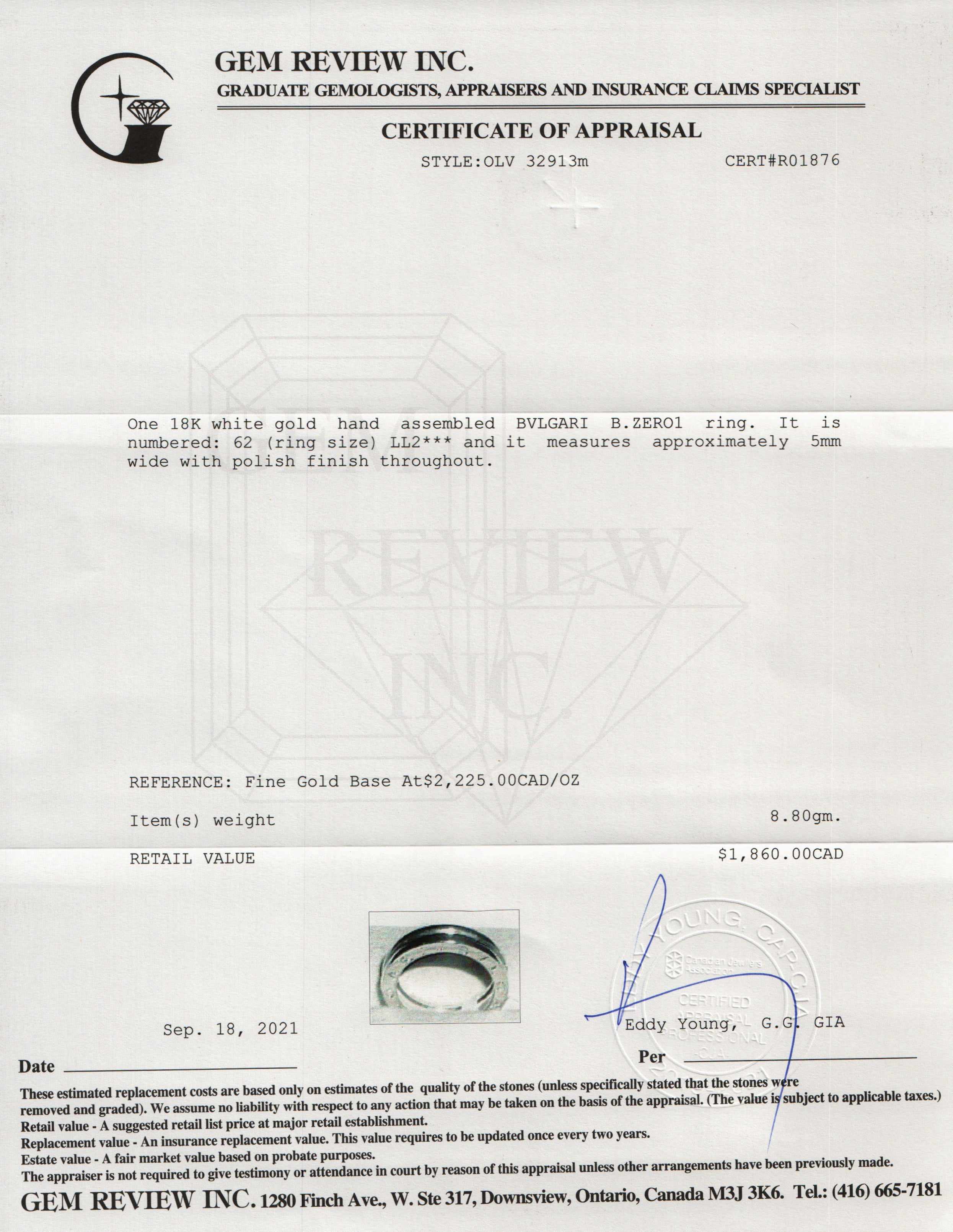 BVLGARI 18k White Gold B.Zero1 One-Band Ring w/ Box & Certificate