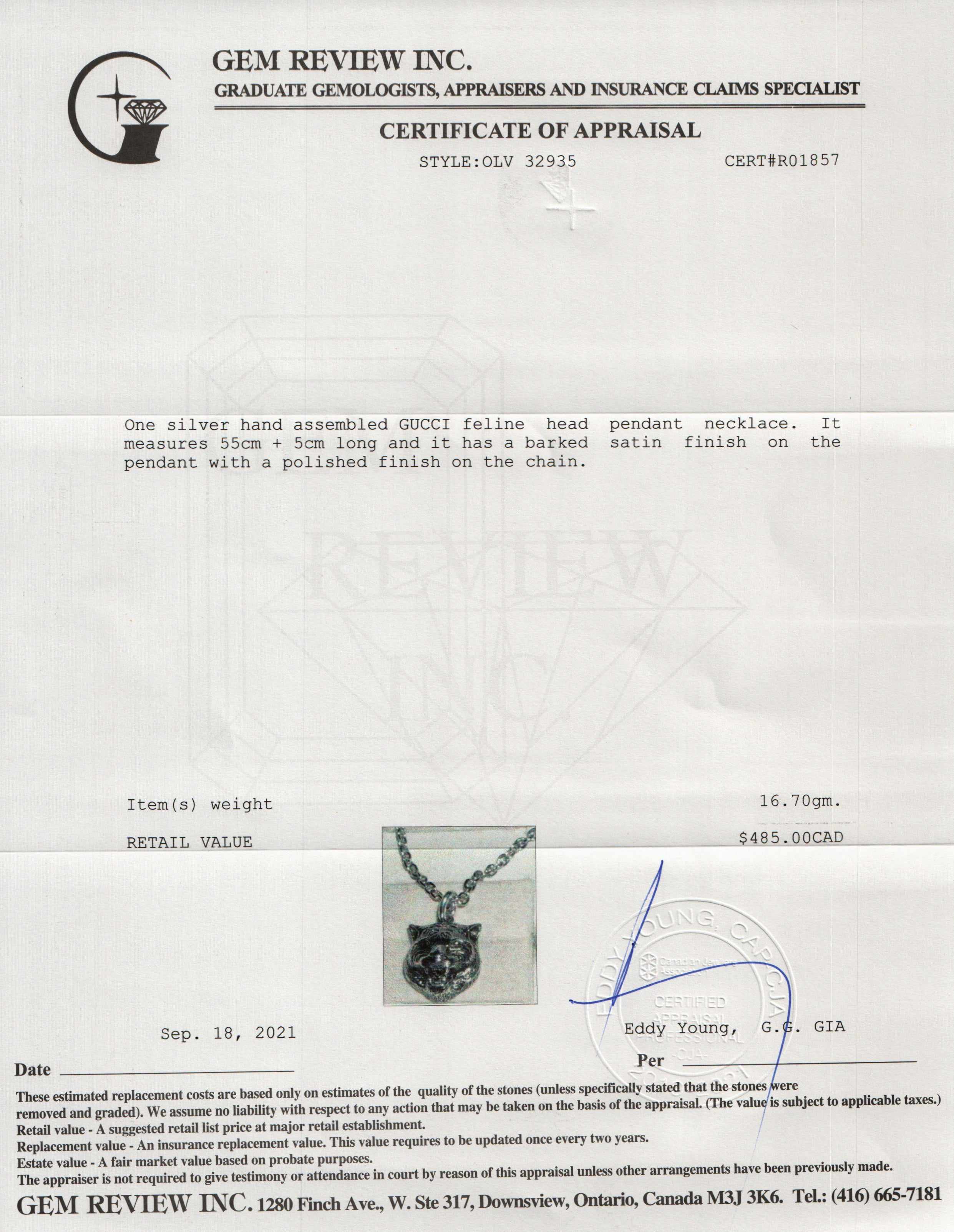 Gucci Feline Head Pendant Necklace w/ Box