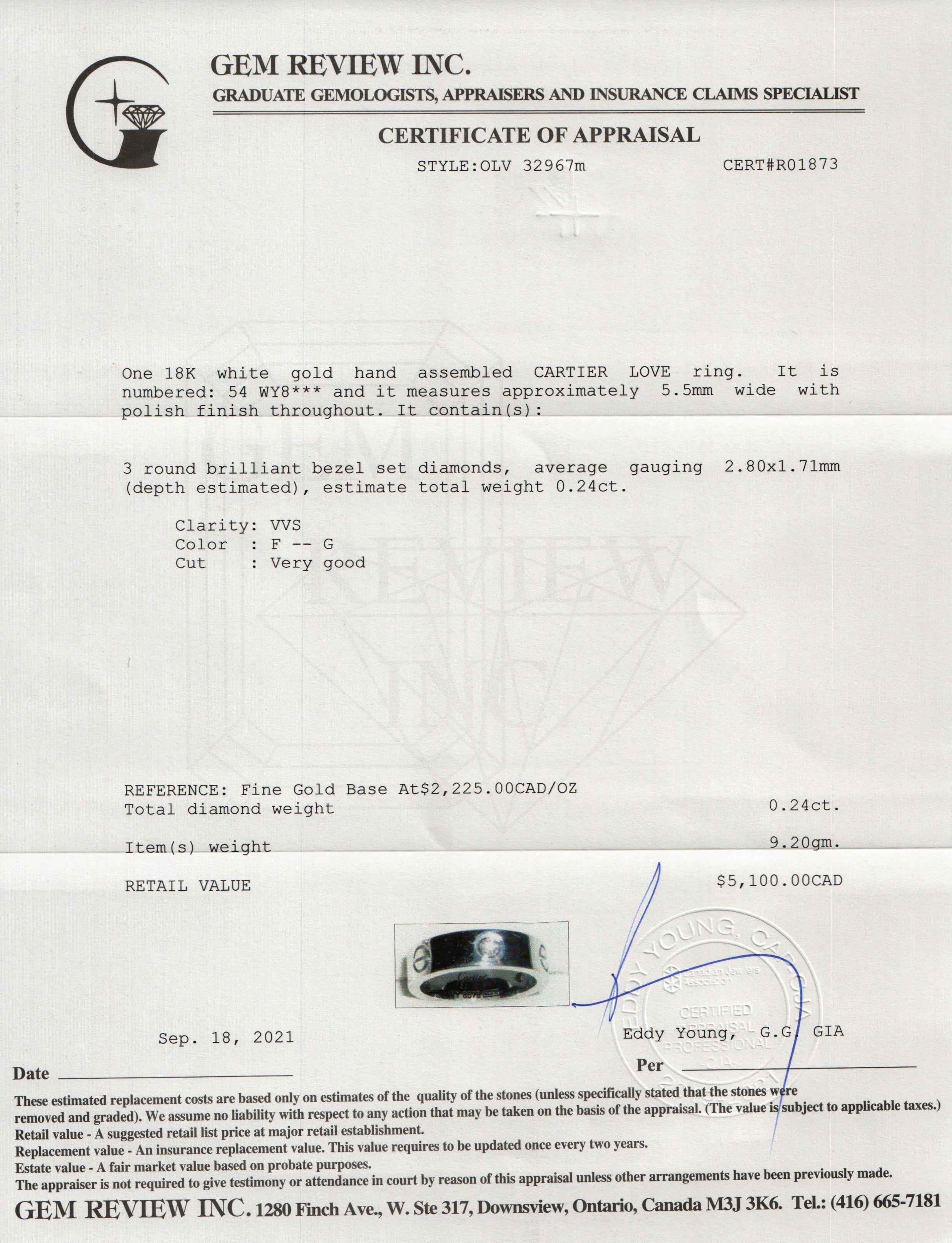 Cartier 18k White Gold 3 Diamond Love Ring w/ Box
