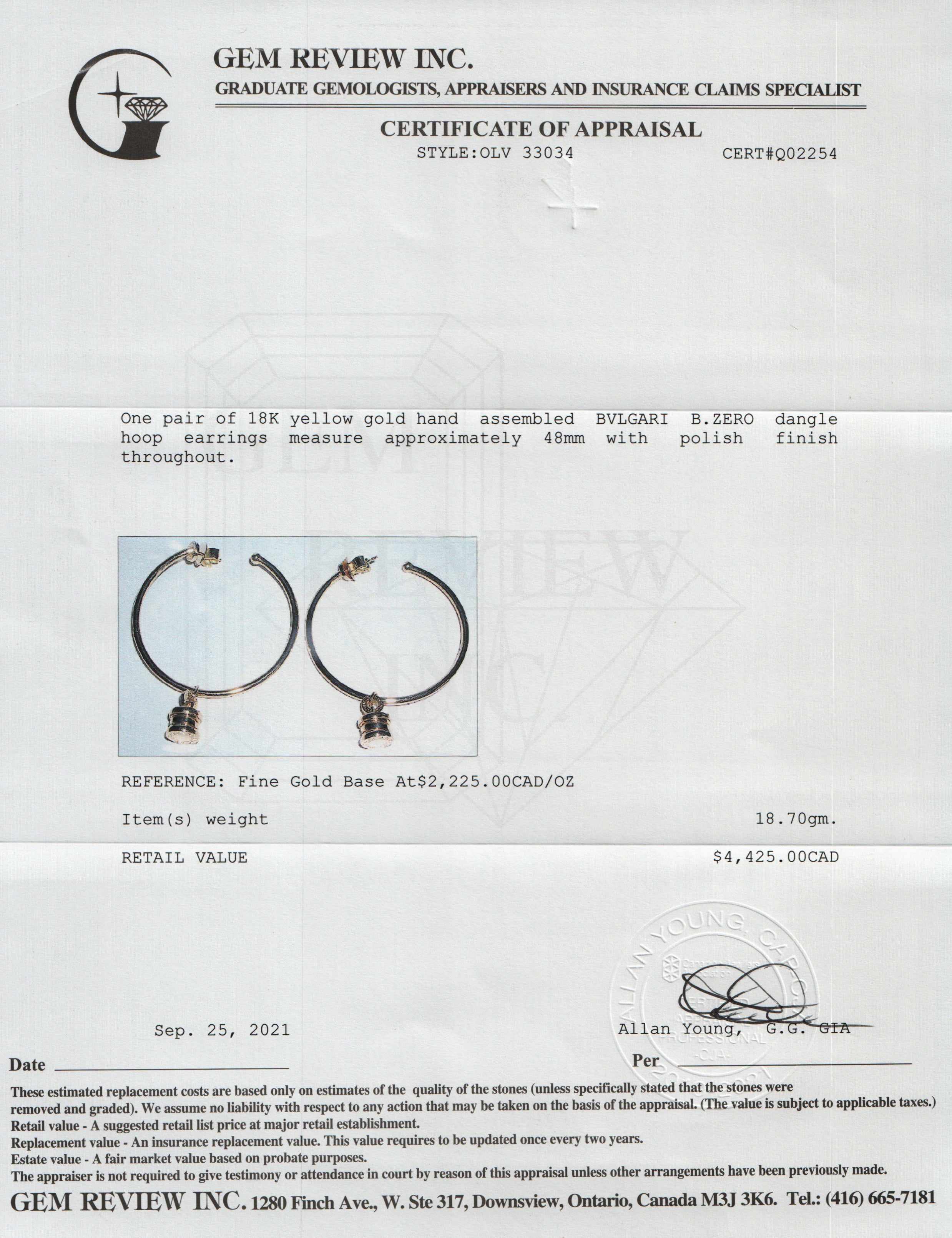 BVLGARI 18k Gold B.Zero 1 Dangle Hoop Earrings