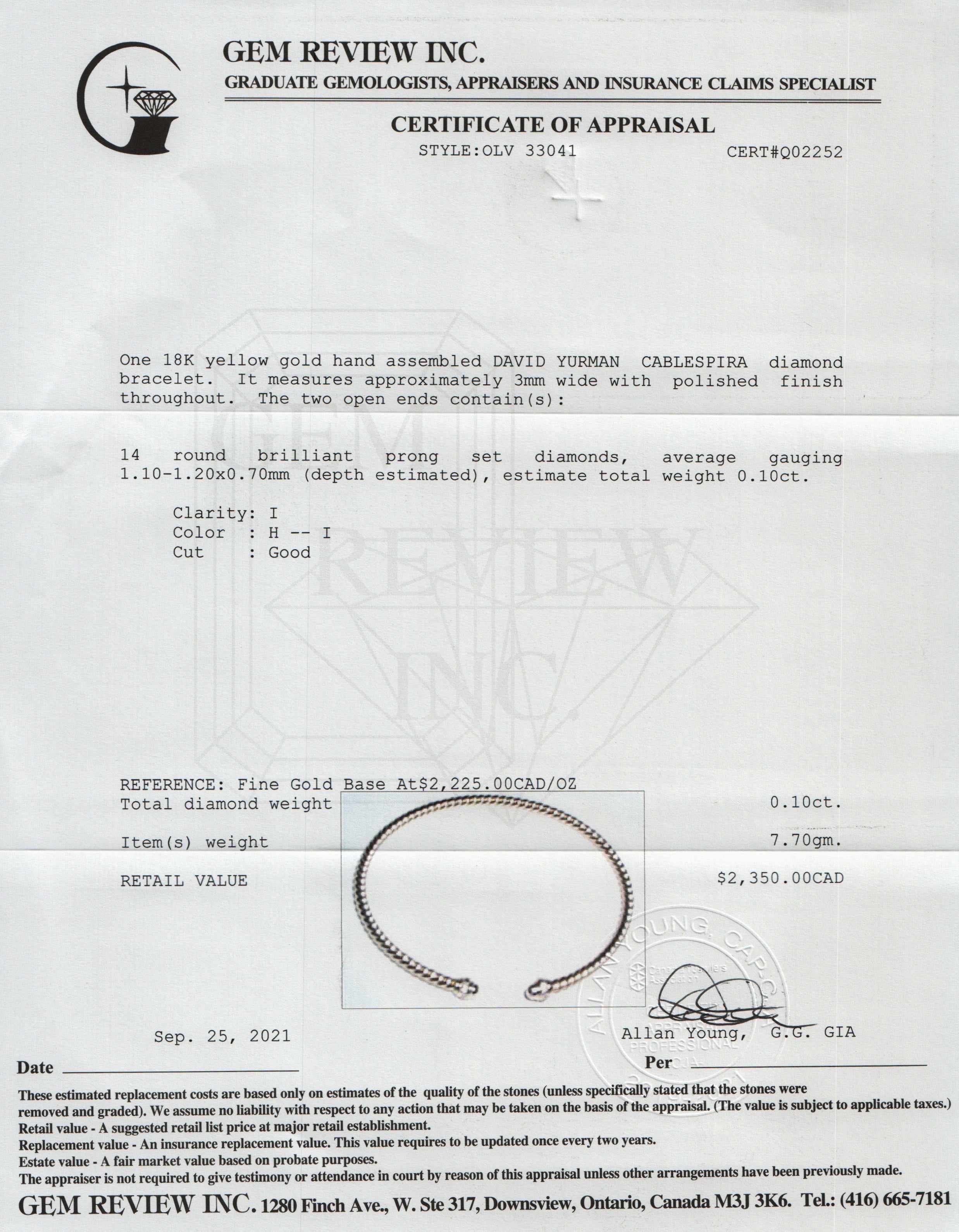 David Yurman 18k Gold Diamond Cablespira Bracelet