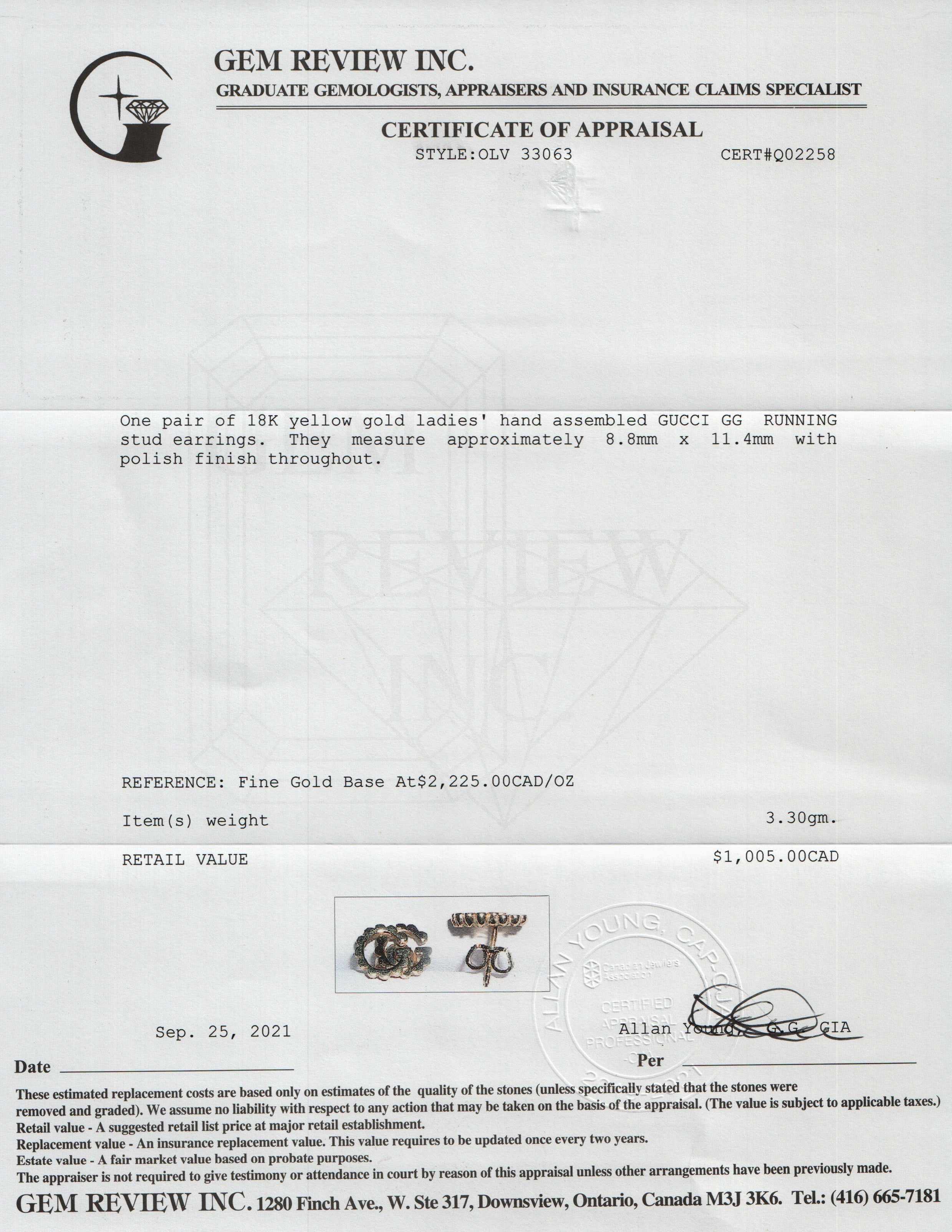 Gucci 18k Gold GG Running Stud Earrings w/ Box