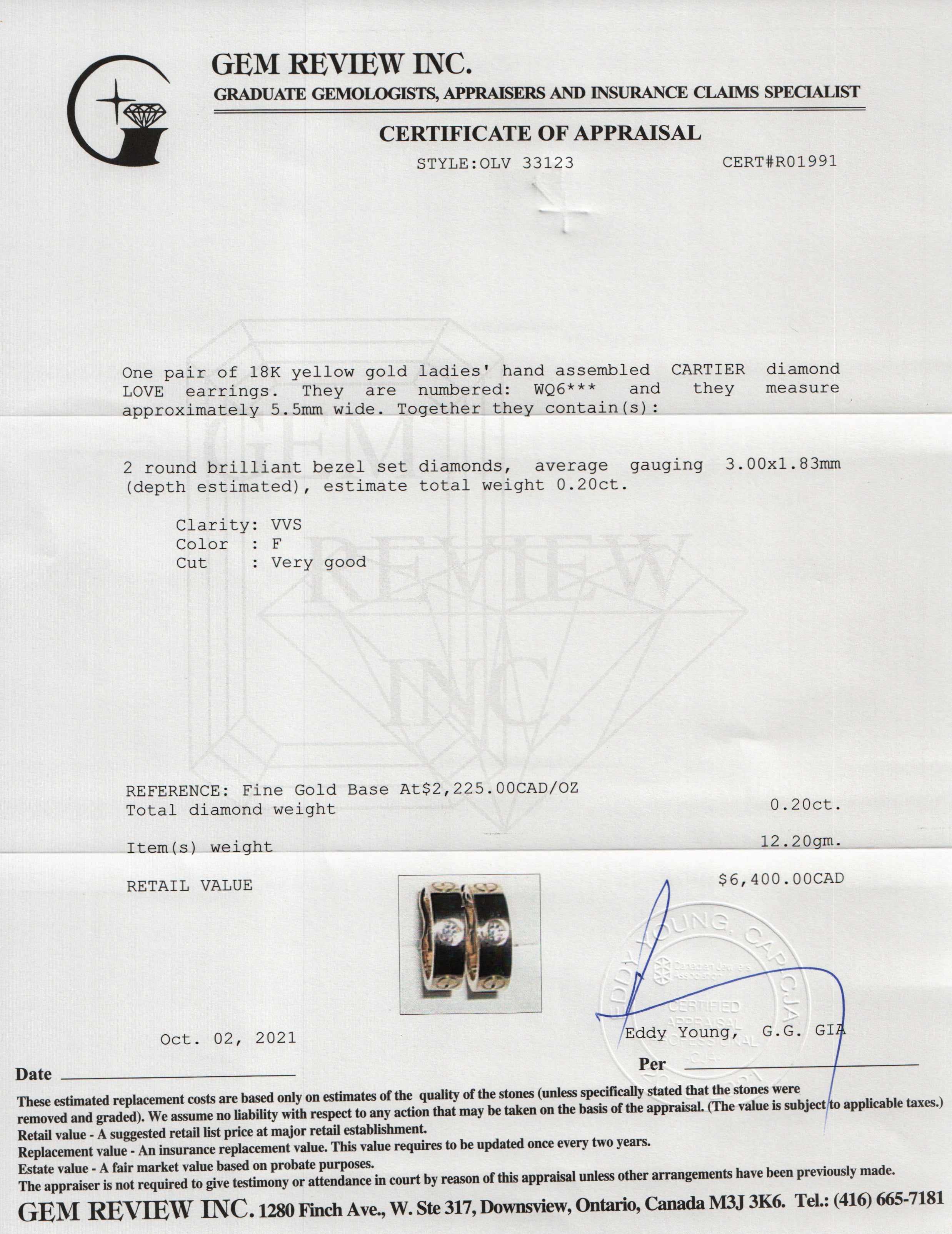 Cartier Diamond Love Earrings w/ Box & Certificate