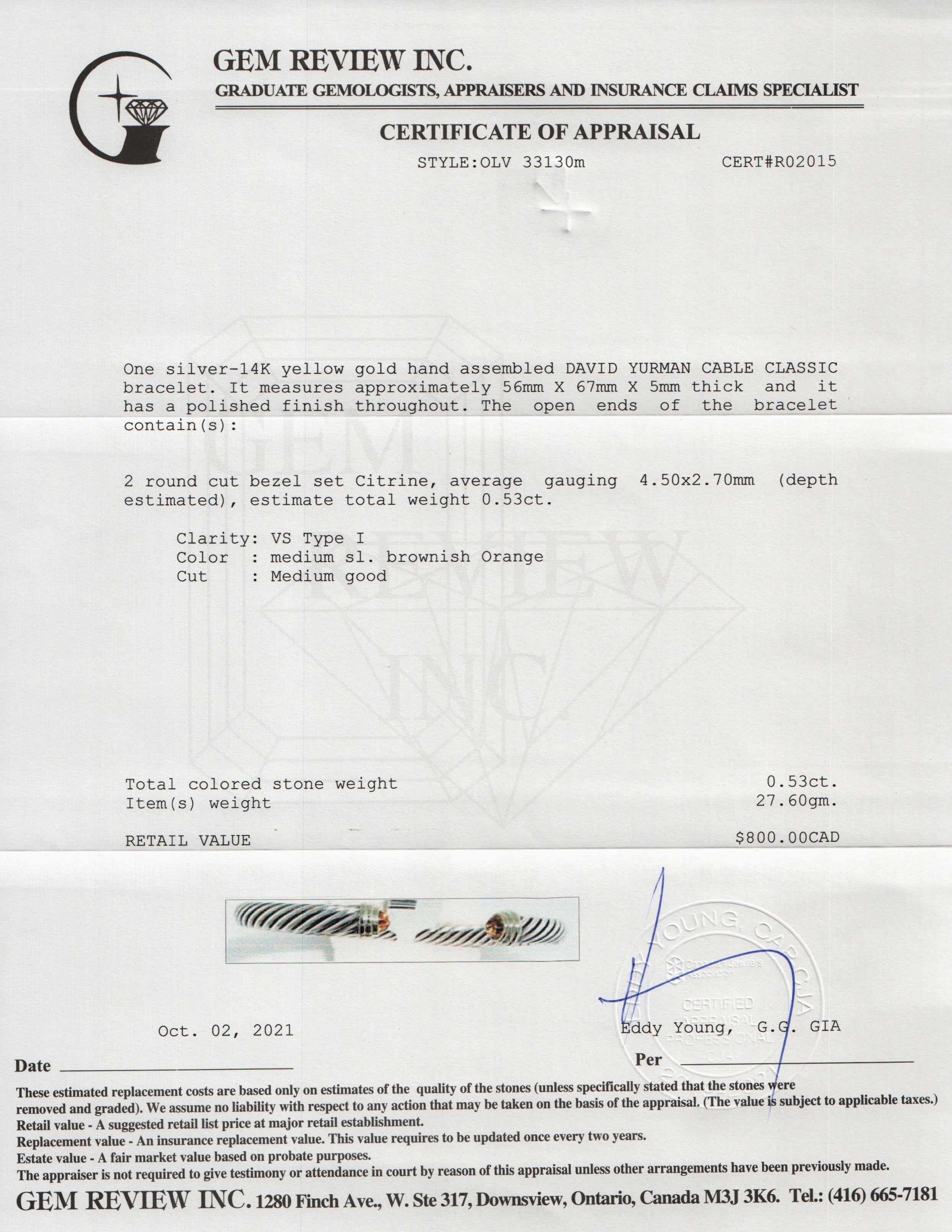 David Yurman Two-Tone Cable Classics Bracelet with Citrine