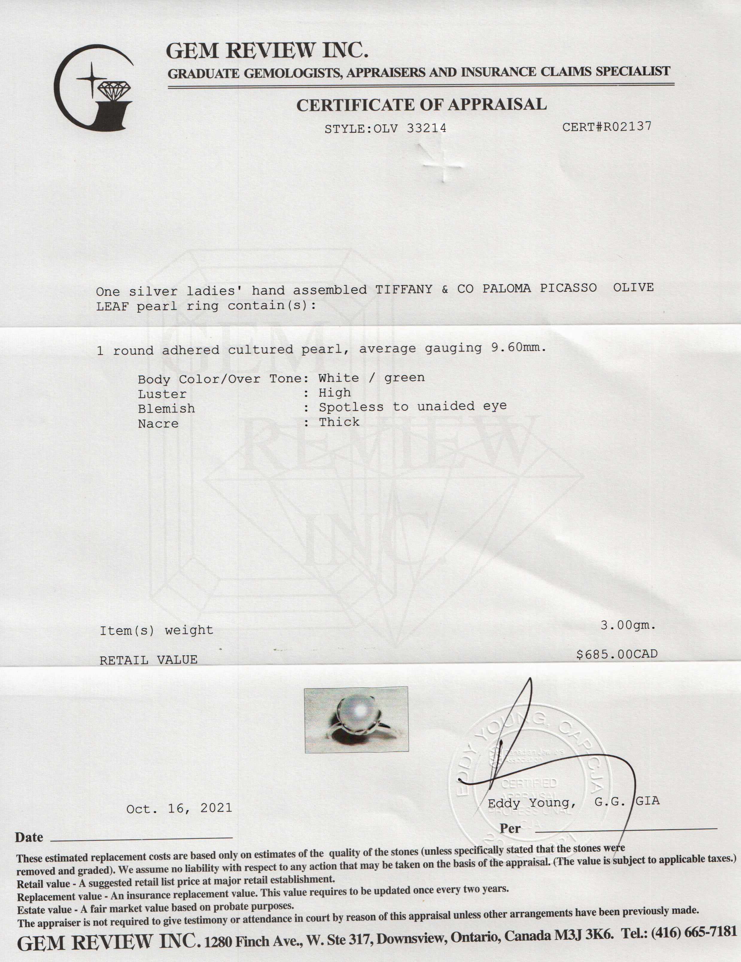 Tiffany & Co. Paloma Picasso Olive Leaf Pearl Ring