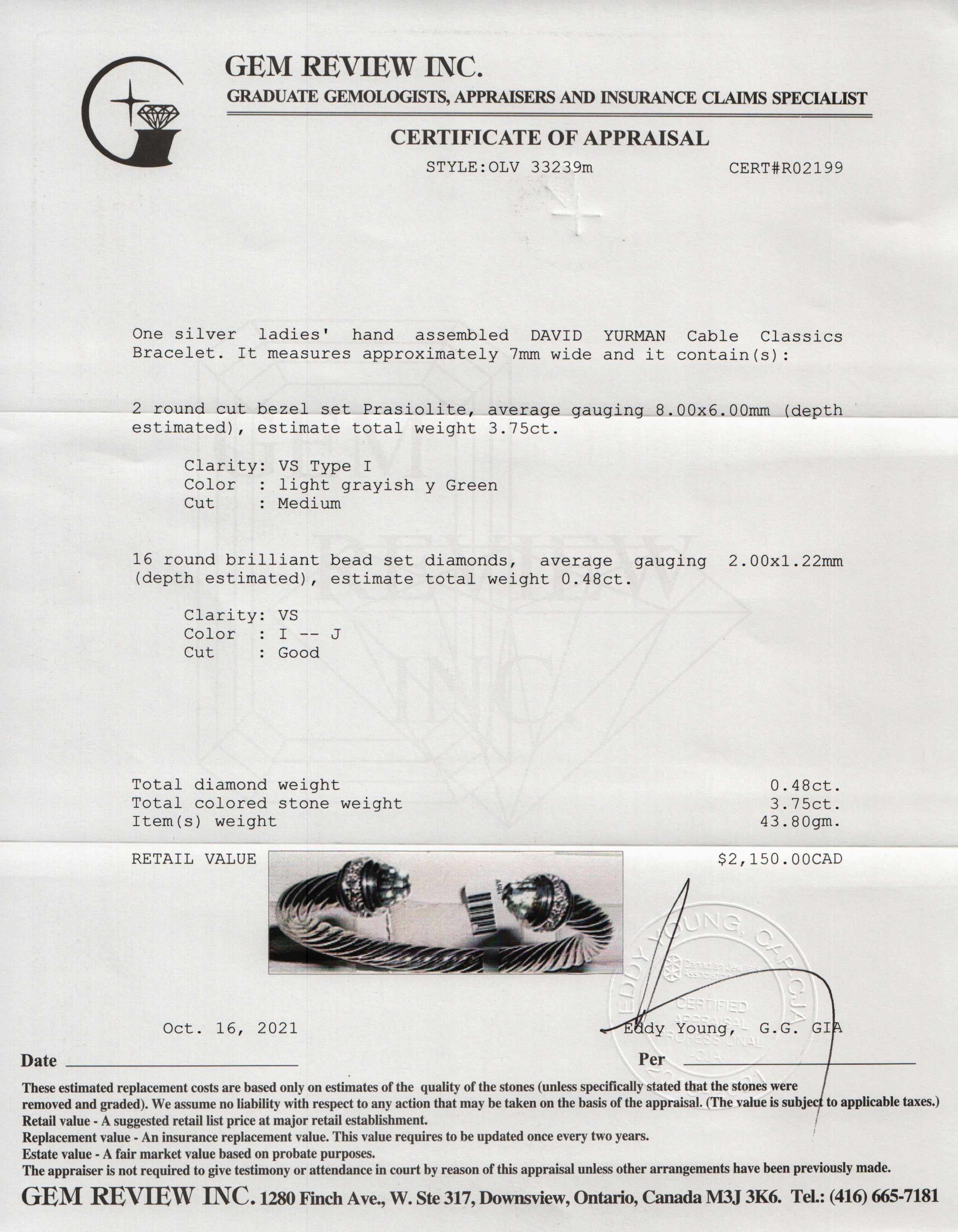 David Yurman Cable Classics Bracelet with Prasiolite and Diamonds