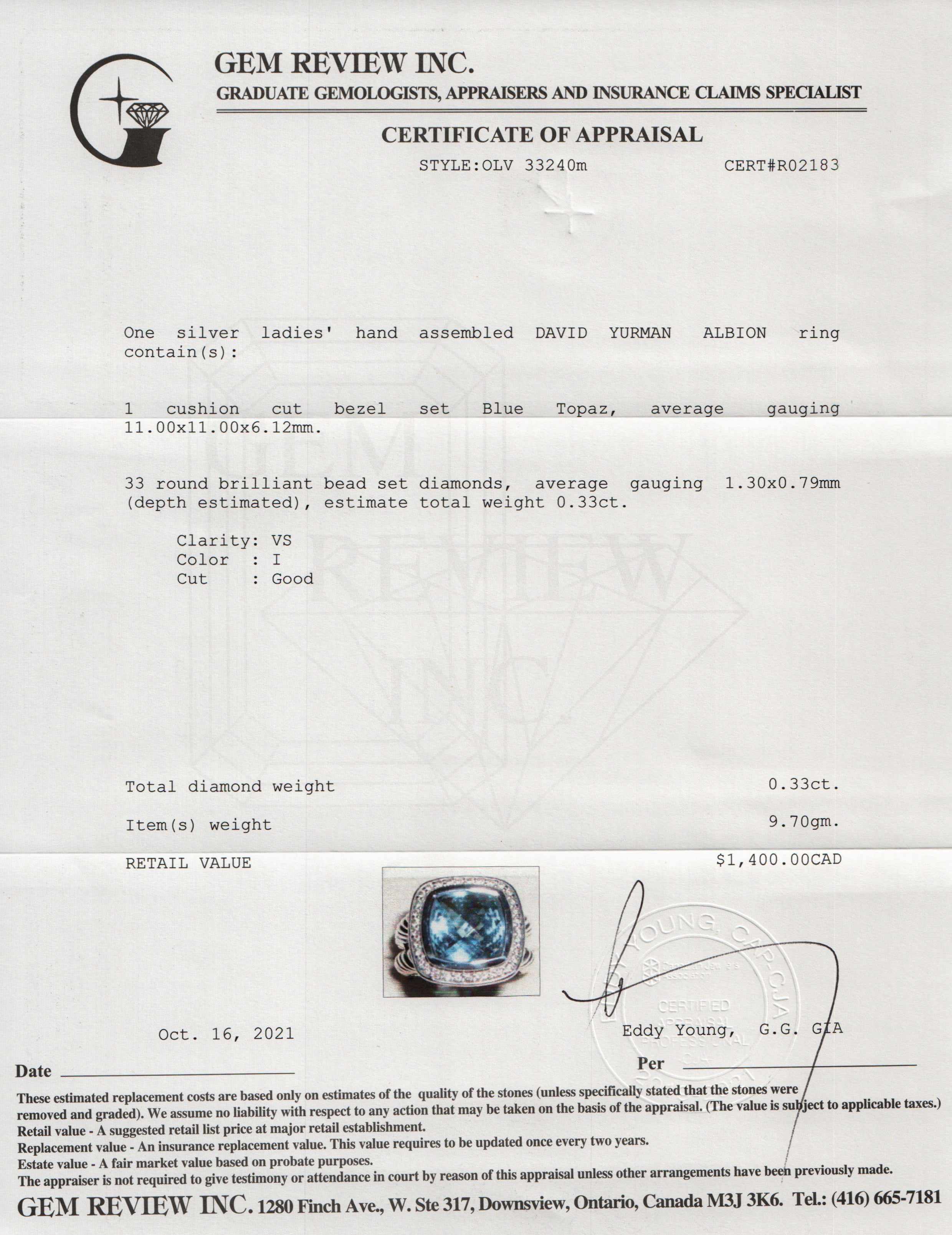 David Yurman Albion Ring with Blue Topaz and Diamonds