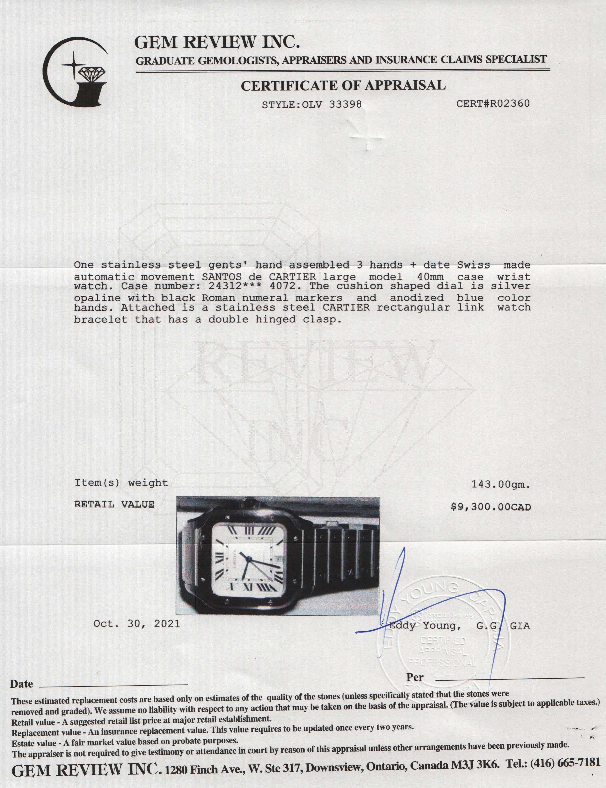 Cartier Santos de Cartier Watch, Large Model w/ Box & Extra Strap