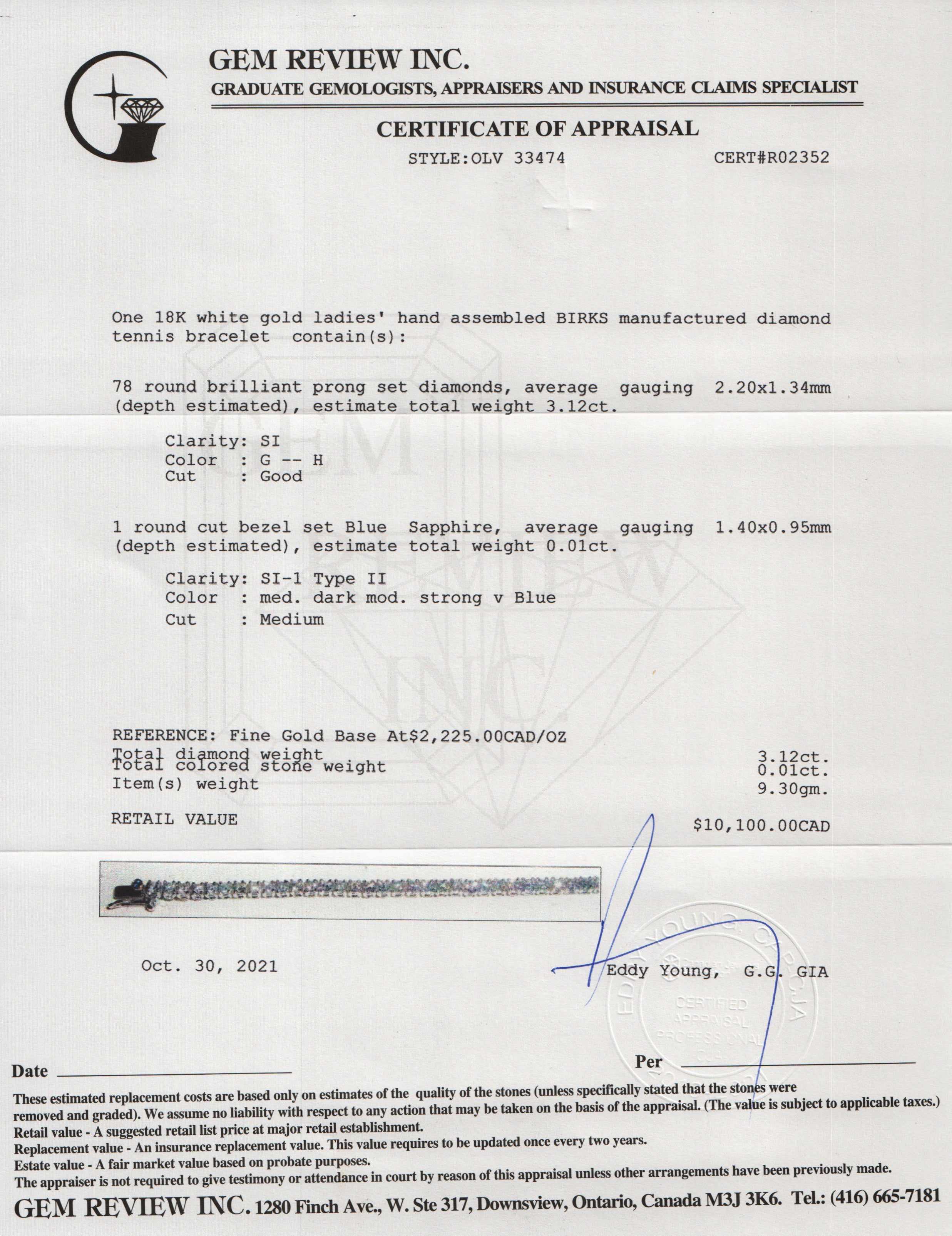 Birks 18k White Gold Diamond Tennis Bracelet