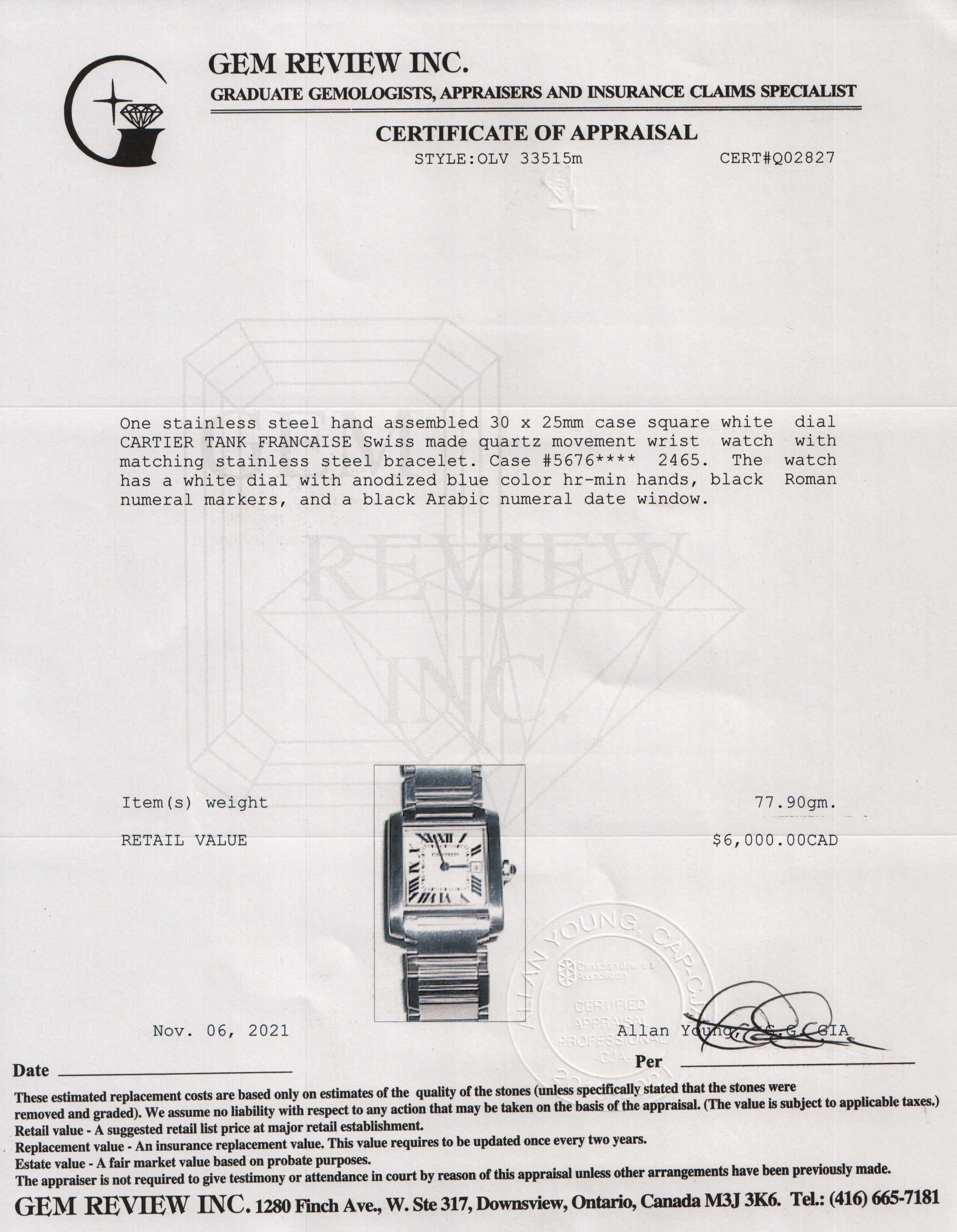 Cartier Tank Francaise Watch w/ Box