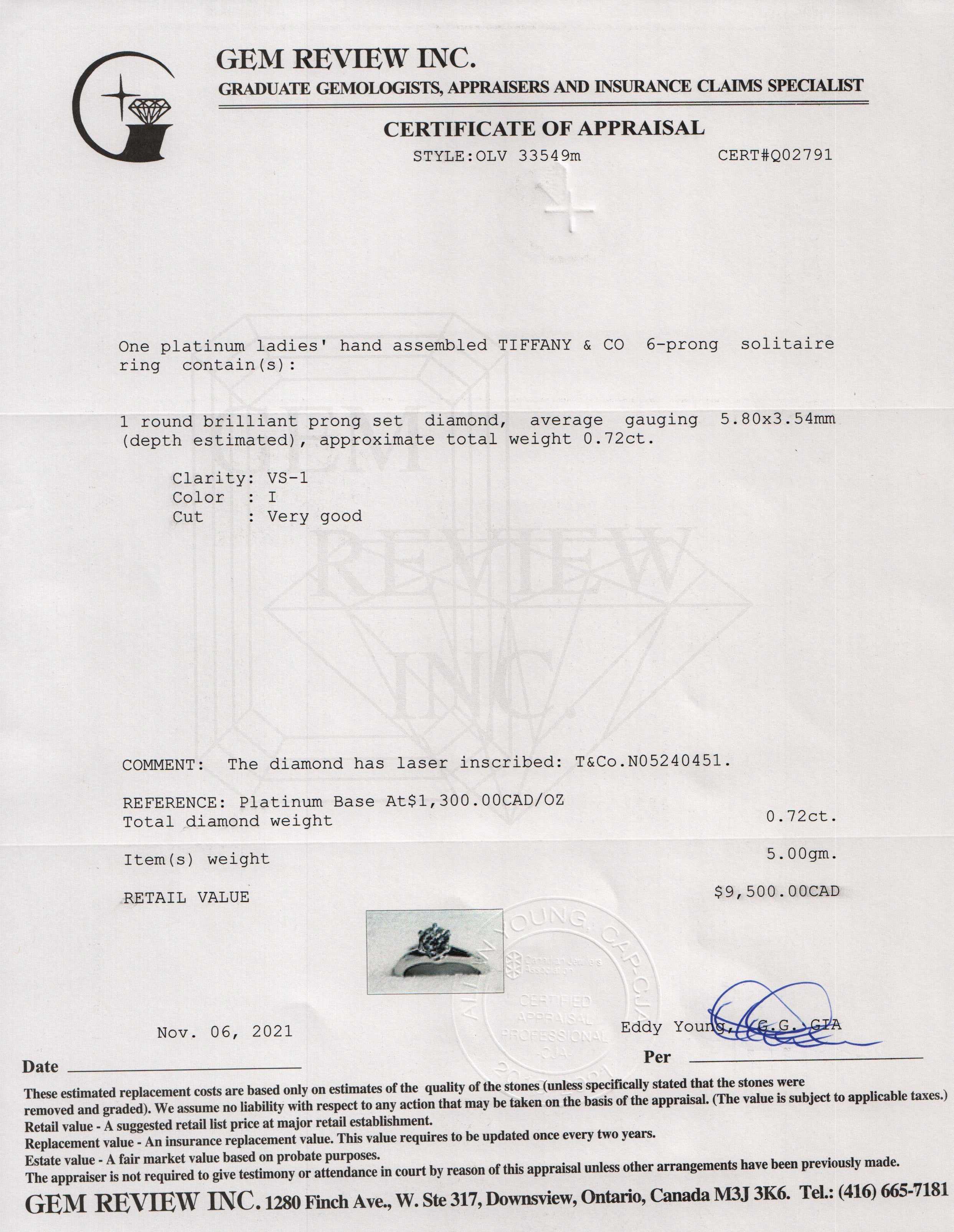 Tiffany & Co. Solitaire Diamond Engagement Ring w/ Box