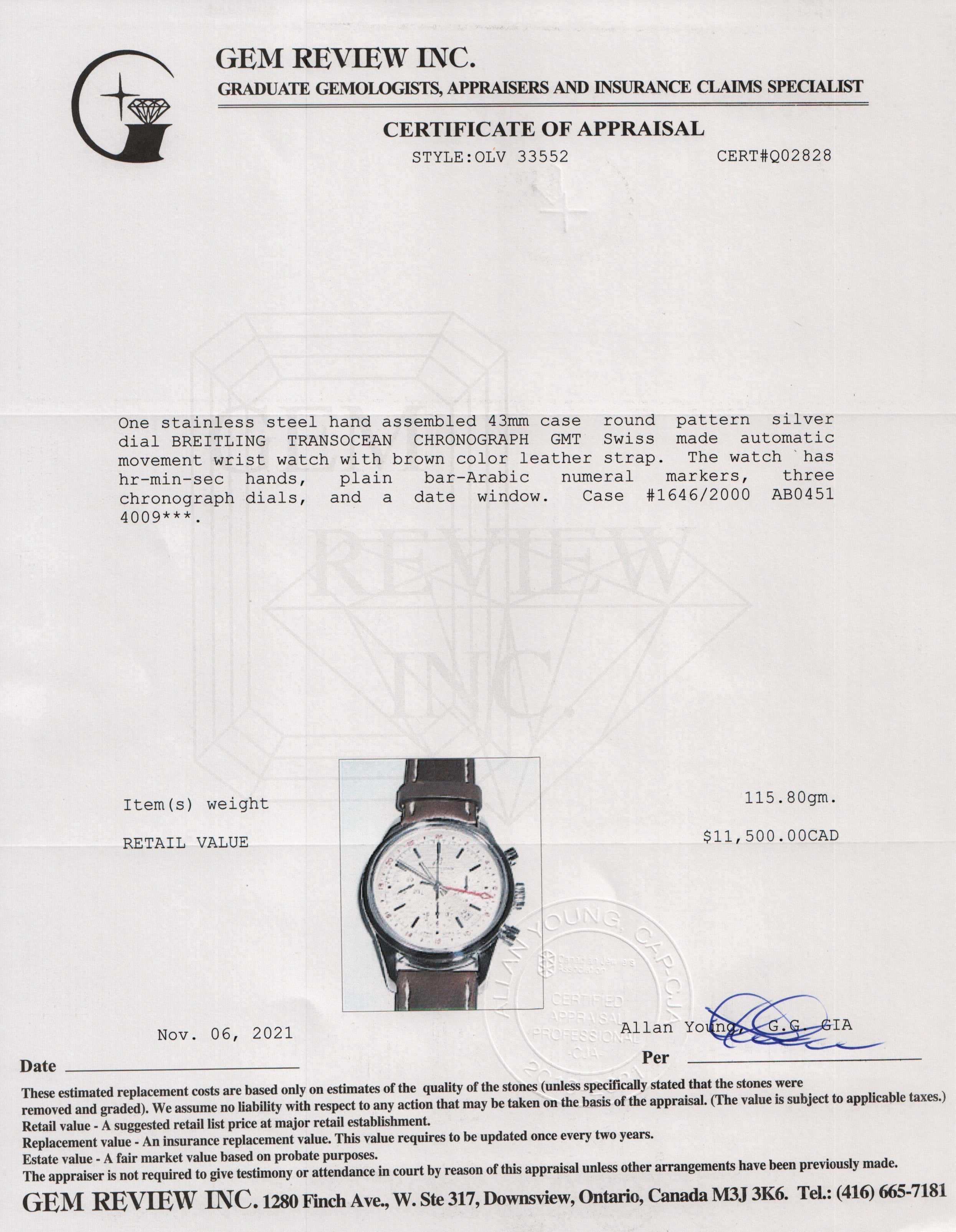 Breitling Transocean Chronograph GMT Watch w/ Box