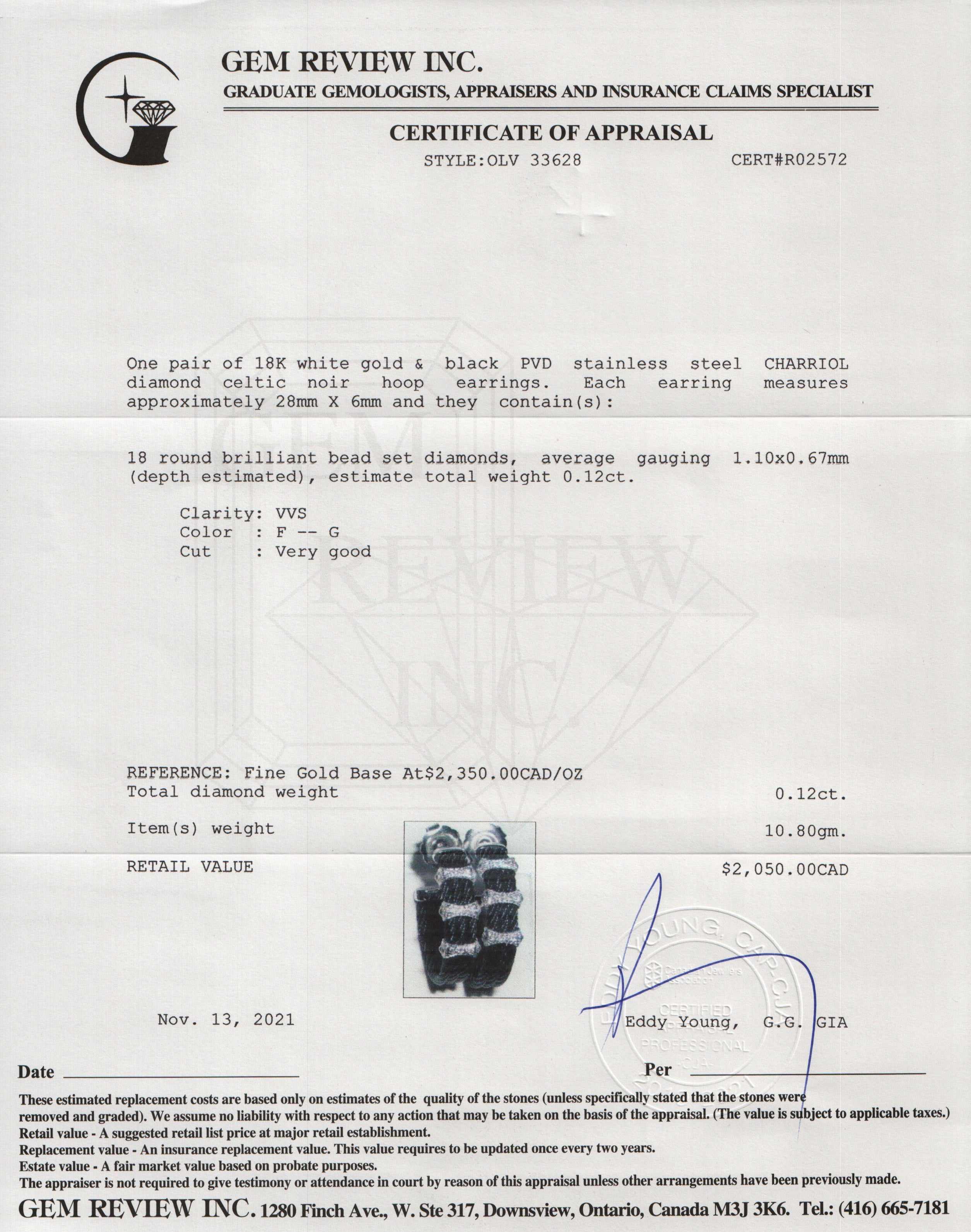 Charriol Diamond Celtic Noir Hoop Earrings w/ Box