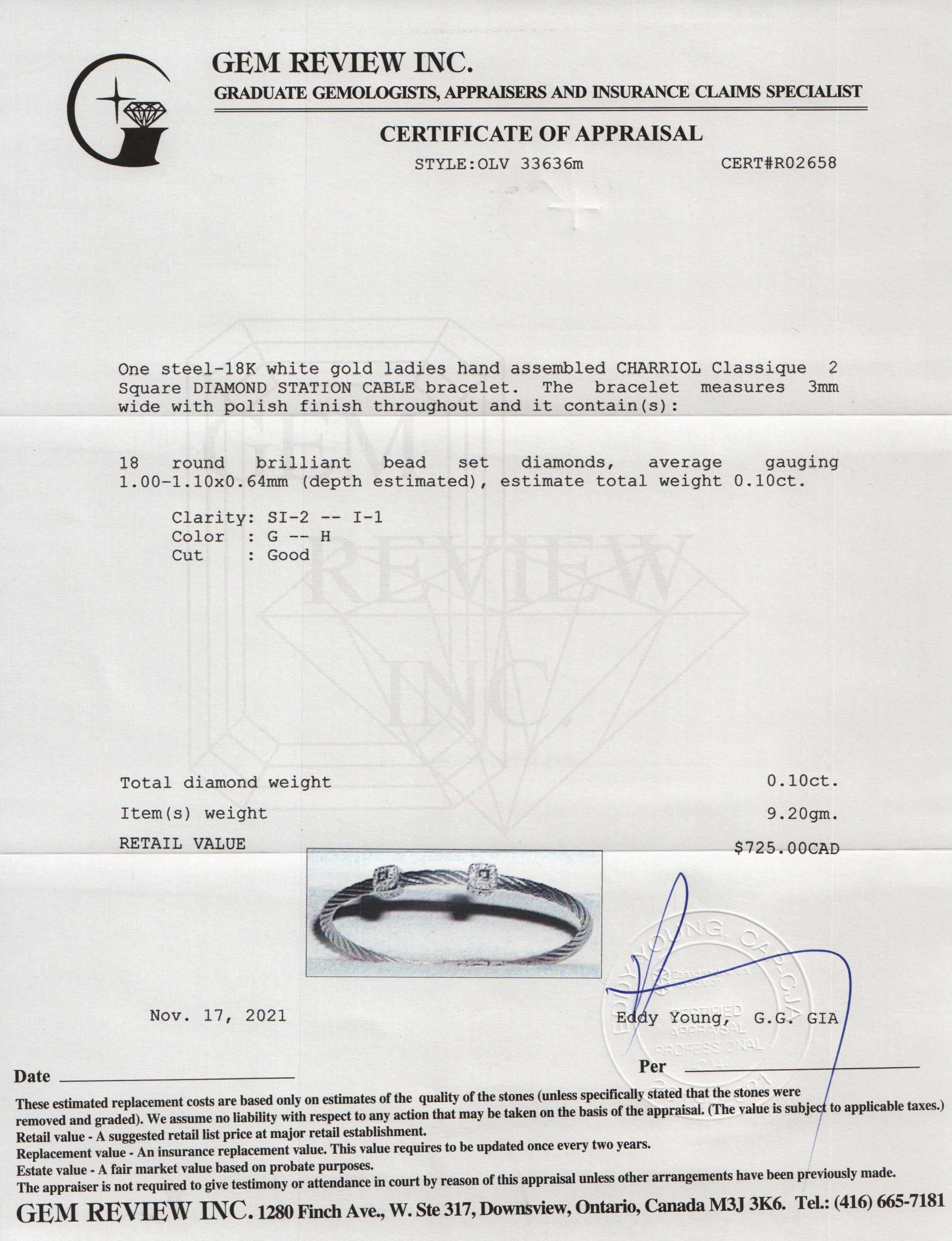 Charriol Classique Two Square Station Diamond Cable Bracelet