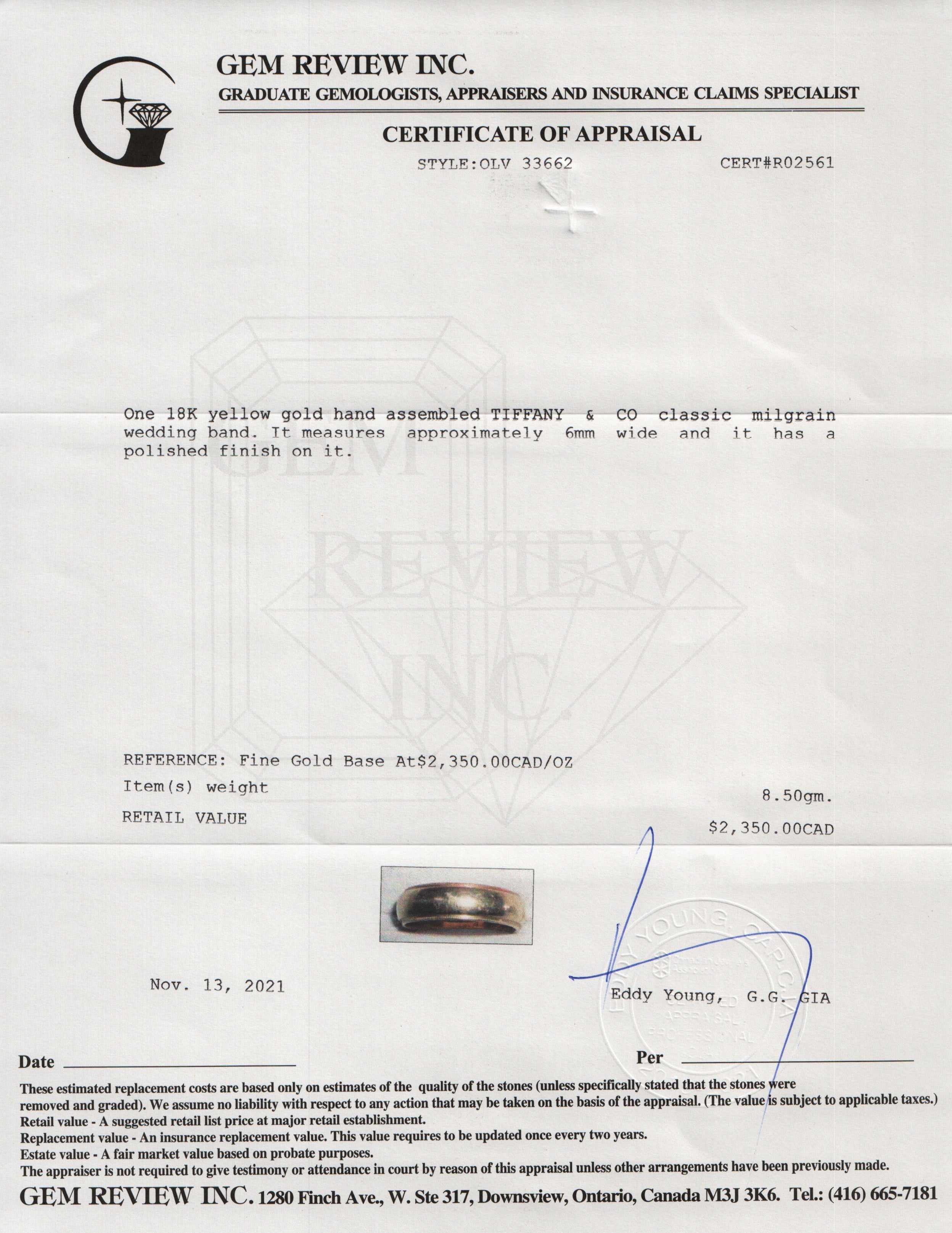 Tiffany & Co. Classic Milgrain Wedding Band Ring