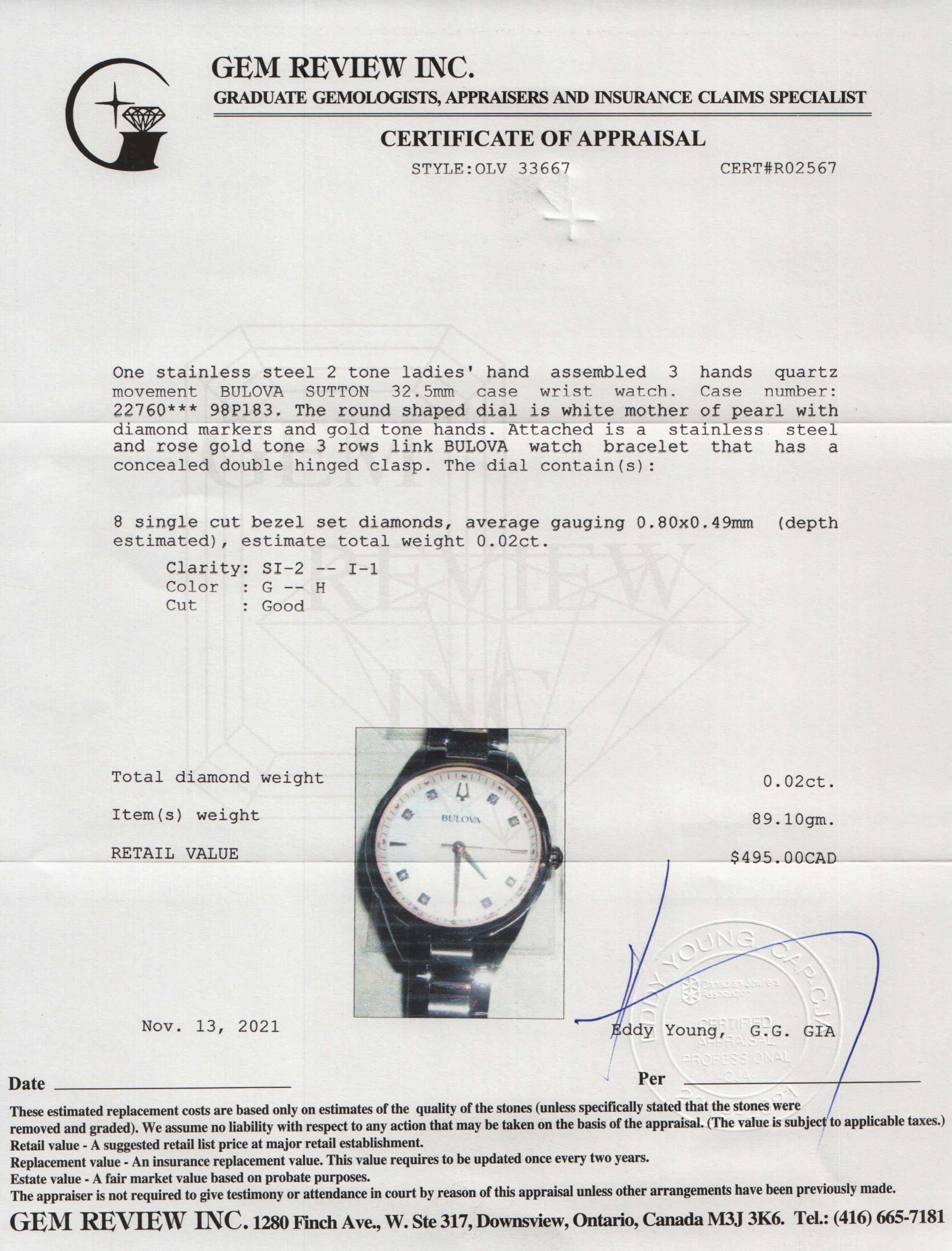 Bulova Two-Tone Sutton Mother of Pearl Diamond Dial Watch w/ Box