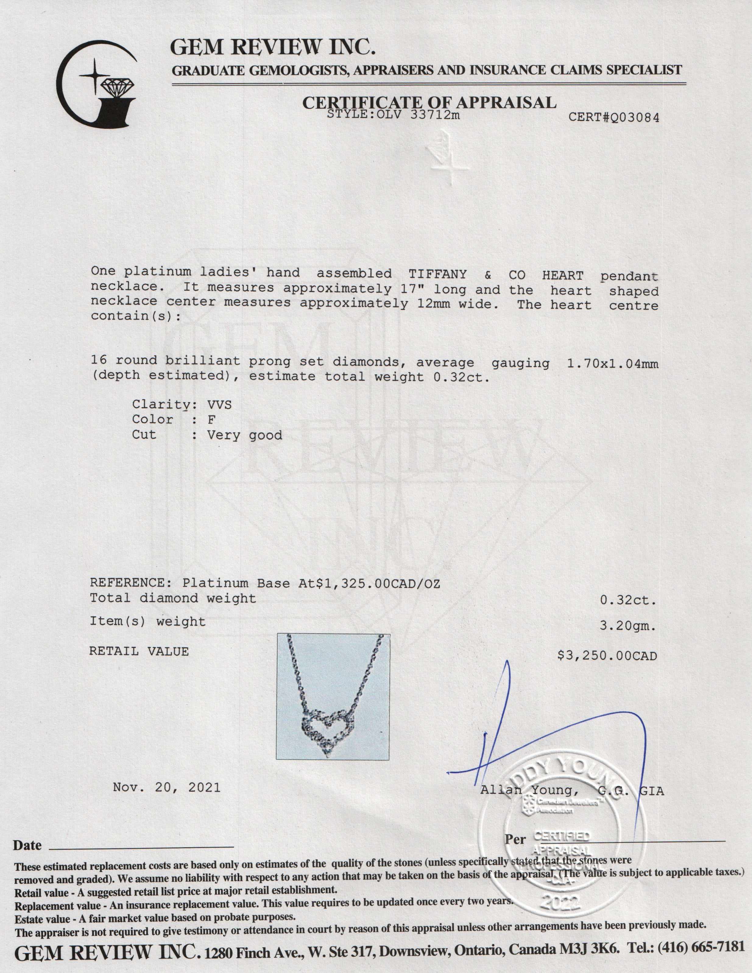 Tiffany & Co. Platinum & Diamond Mini Heart Pendant Necklace