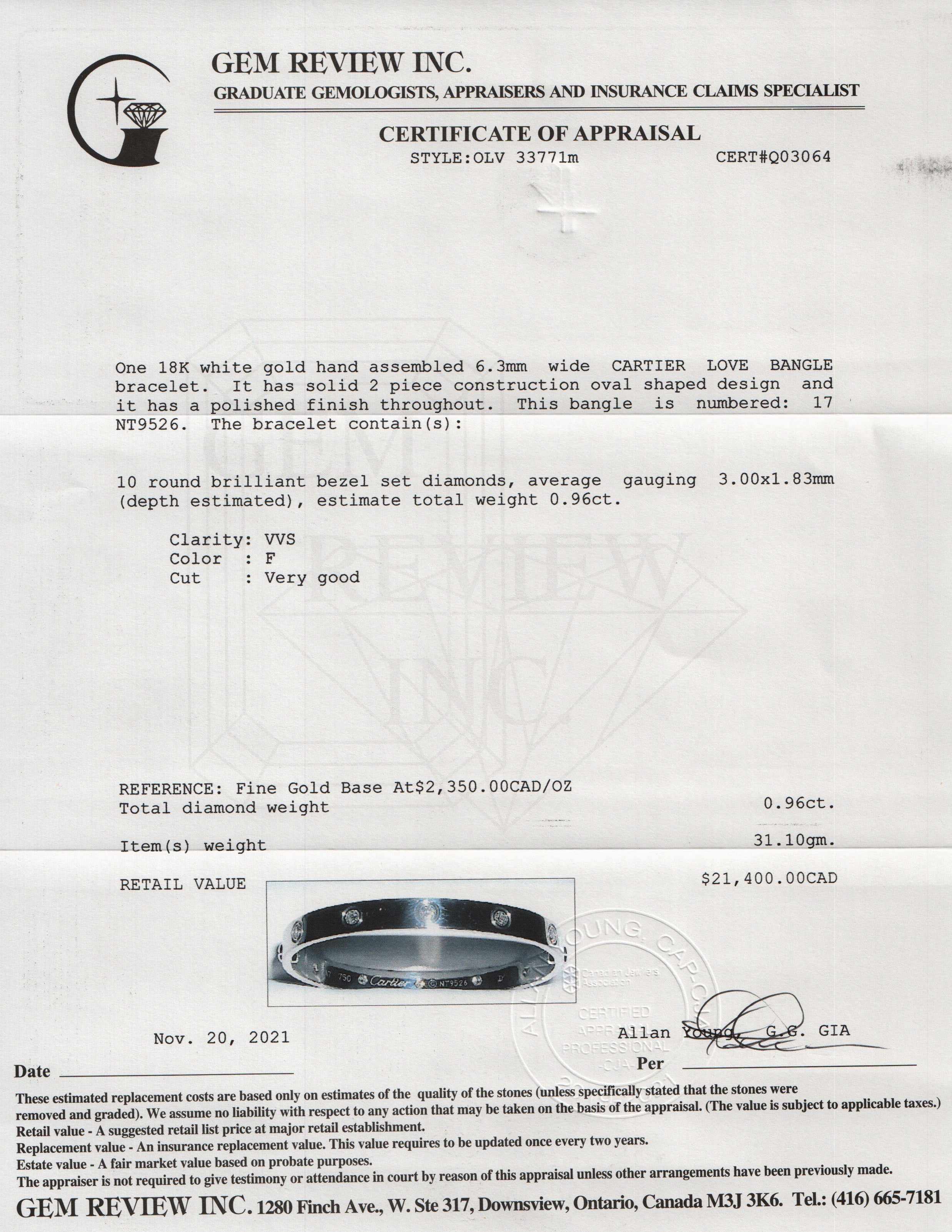 Cartier 18k White Gold Love Bracelet with 10 Diamonds w/ Box
