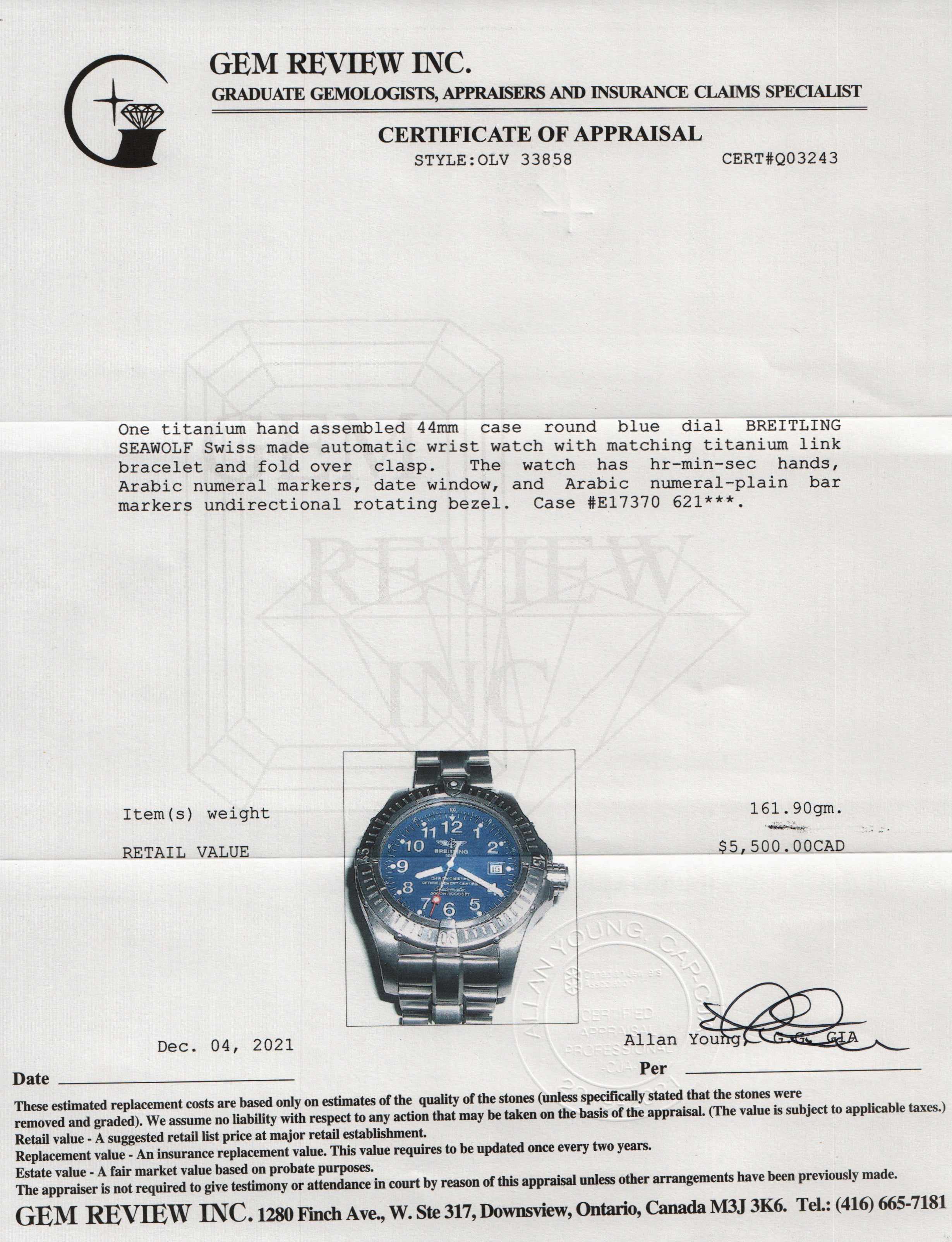 Breitling Titanium Avenger Seawolf Titanium Watch w/ Box