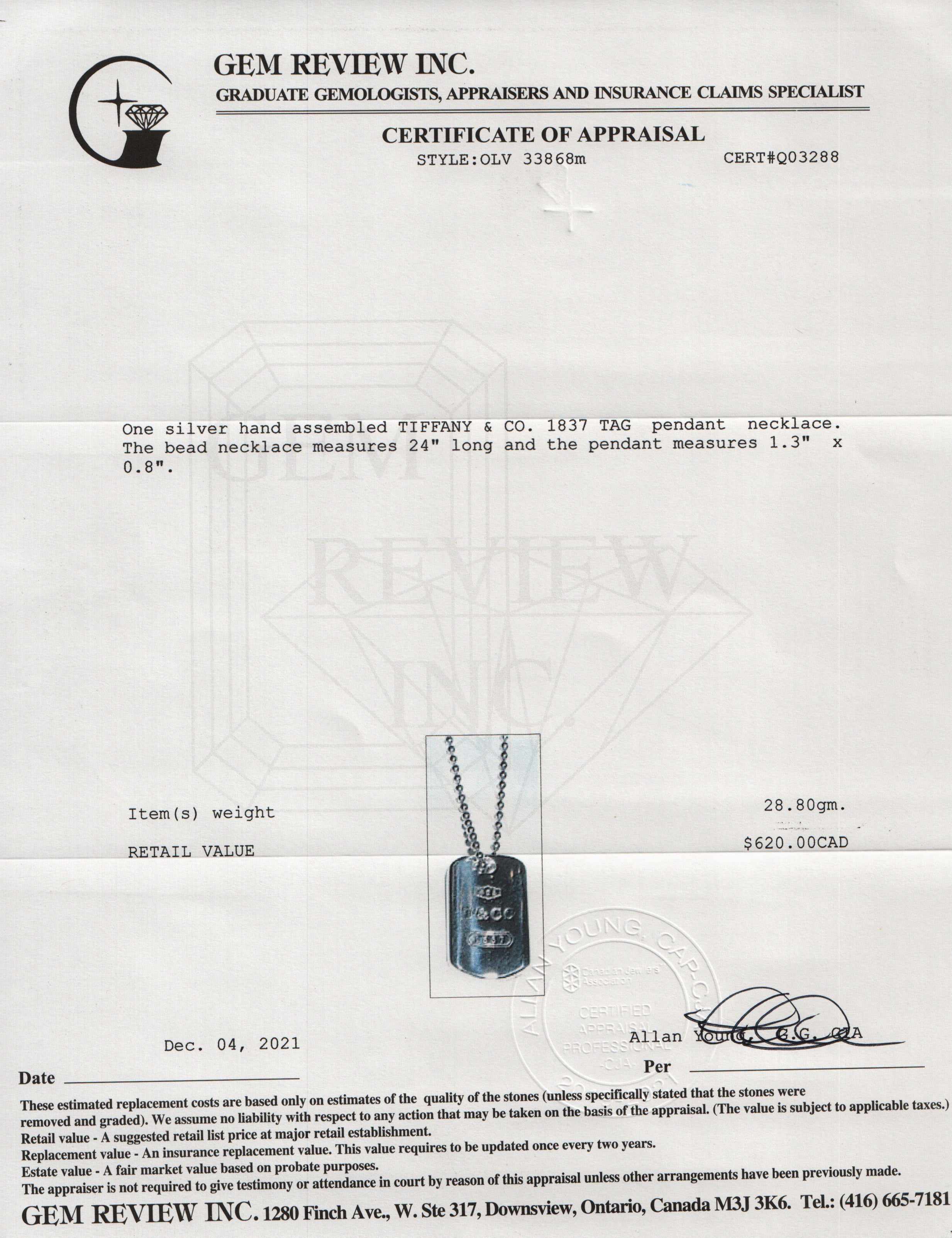 Tiffany & Co. 1837 Tag Pendant Necklace