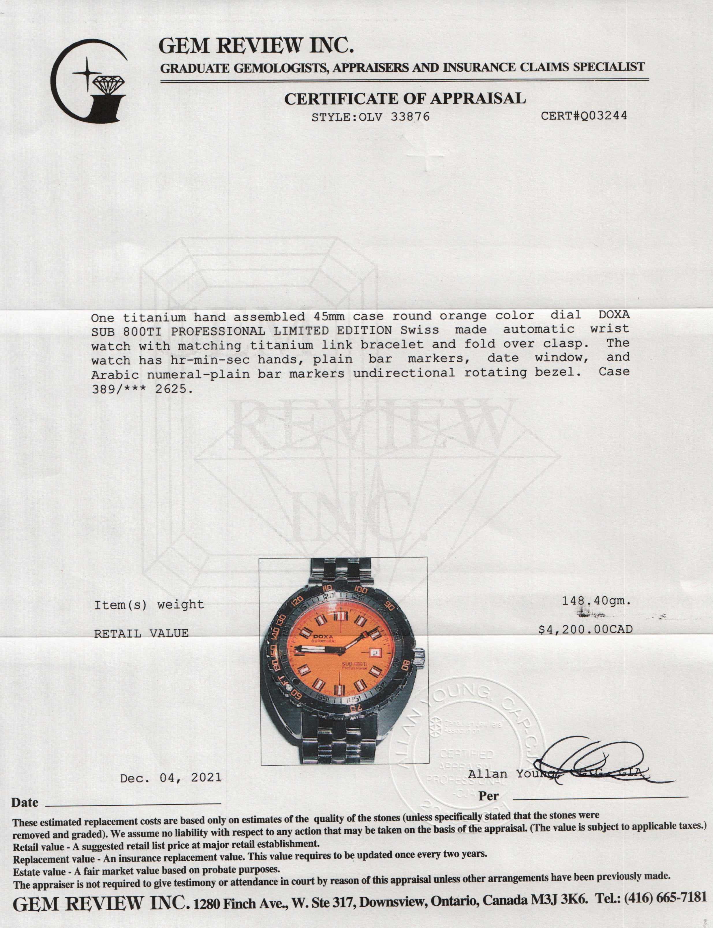 Doxa Sub 800Ti Professional Limited Edition Watch w/ Box