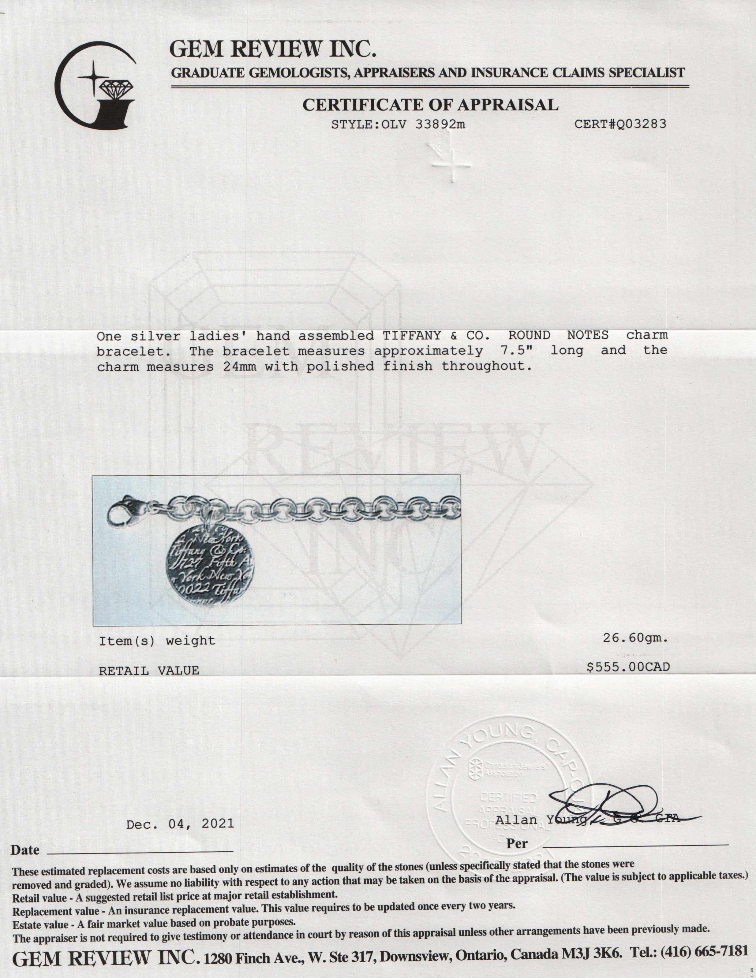 Tiffany & Co. Notes Round Tag Charm Bracelet