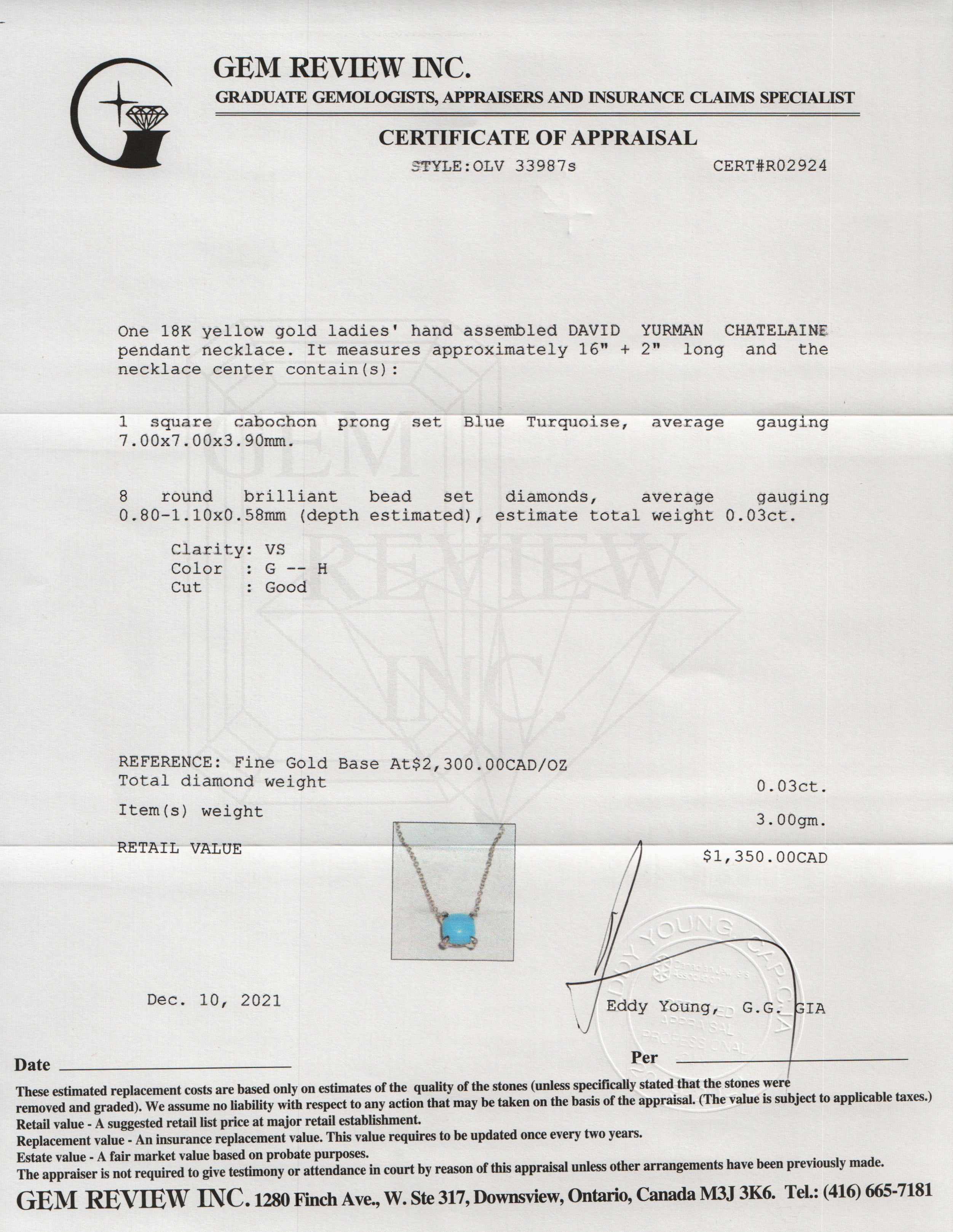 David Yurman 18k Gold Chatelaine Turquoise & Diamond Pendant Necklace w/ Box