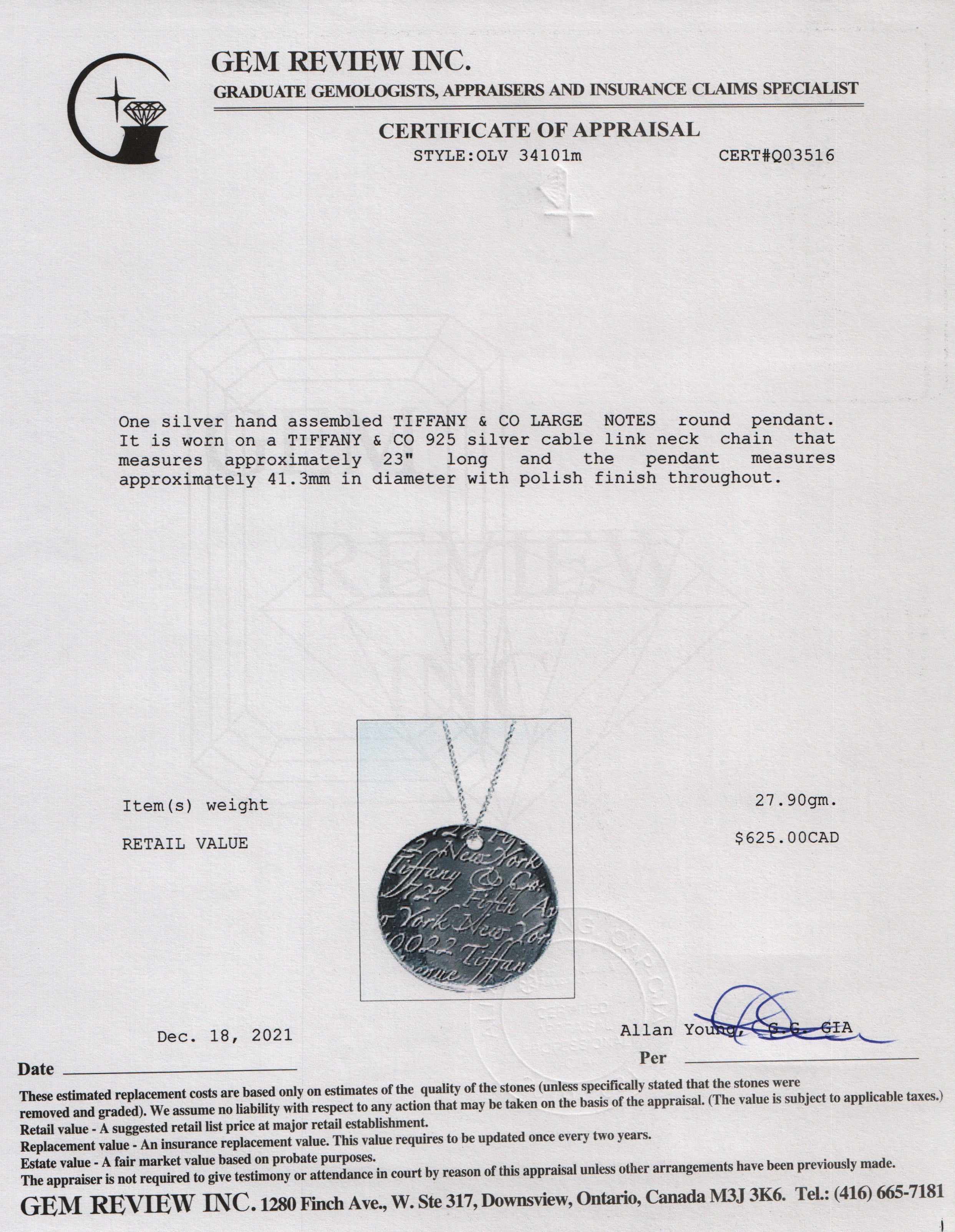 Tiffany & Co. Large Notes Round Pendant Necklace