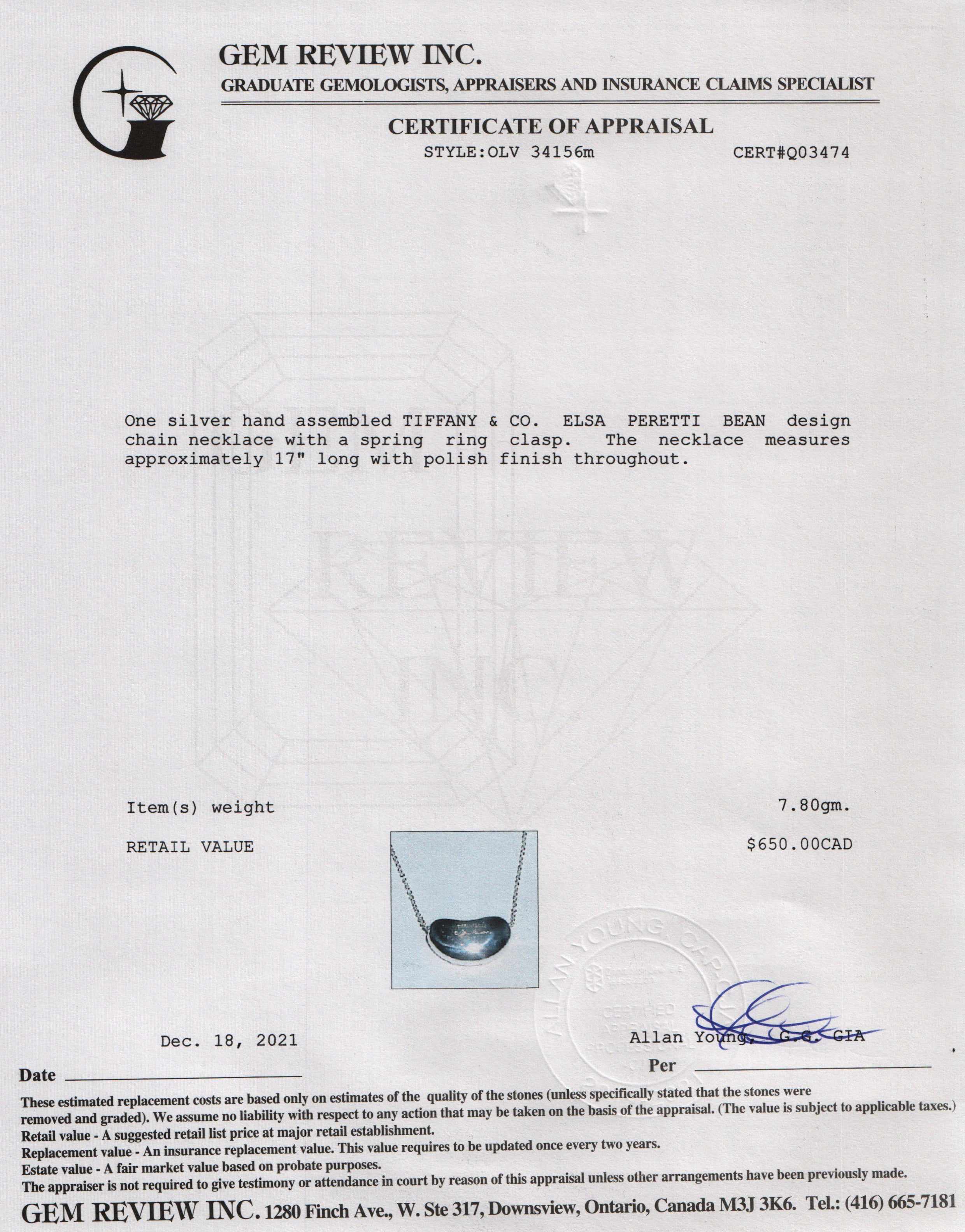 Tiffany & Co. Elsa Peretti Large Bean Pendant Necklace