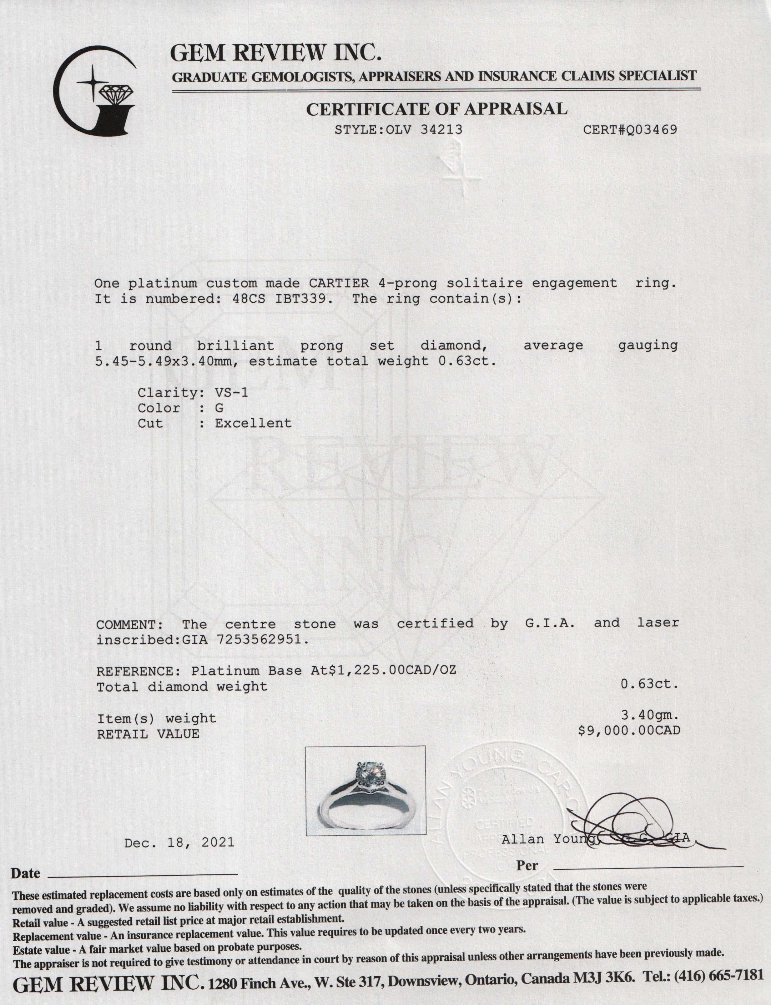 Cartier Platinum Diamond Solitaire Engagement Ring w/ Box & Certificates