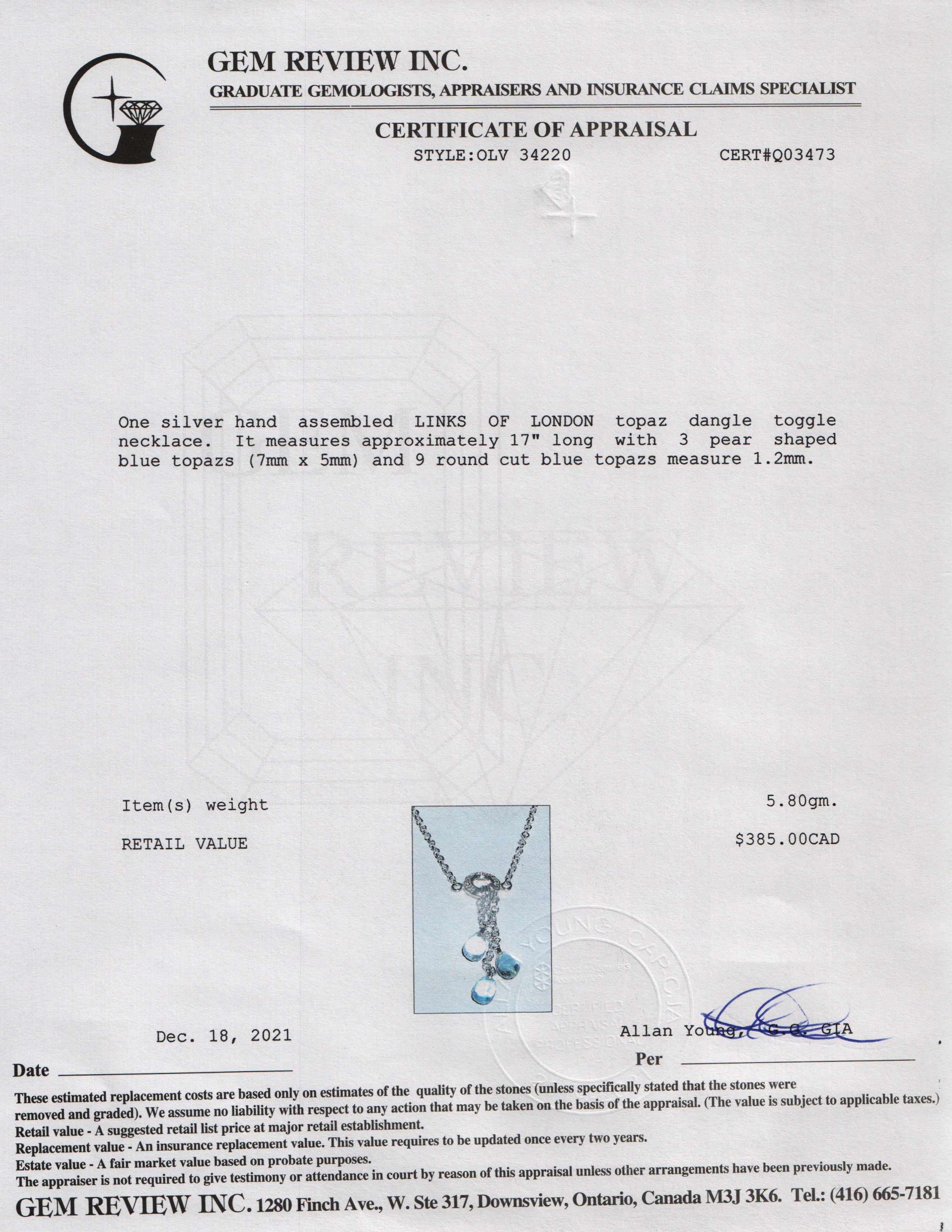 Links of London Topaz Dangle Toggle Necklace