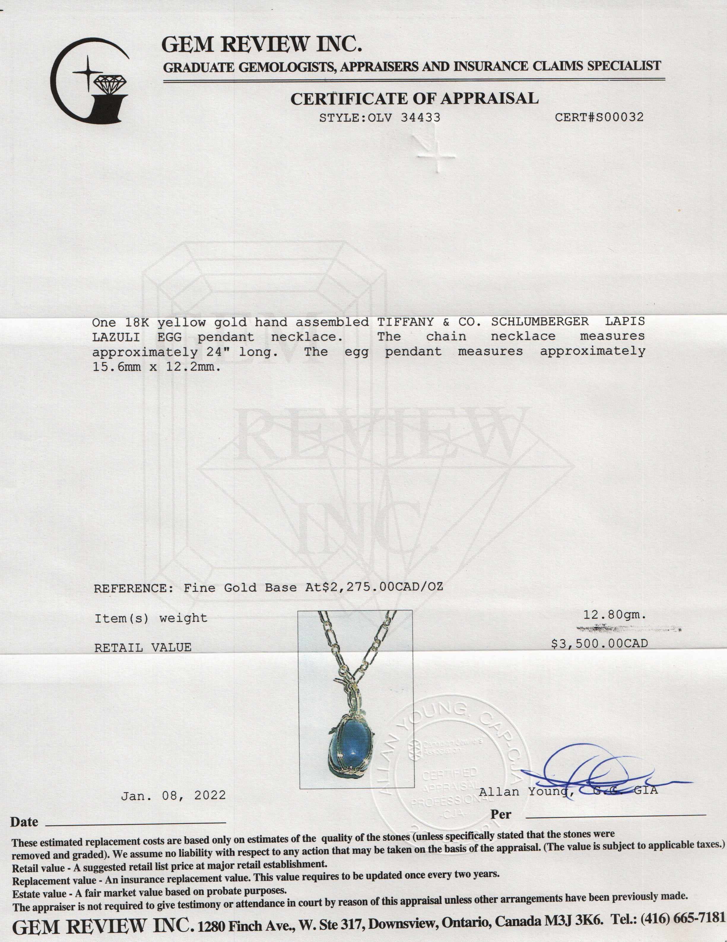 Tiffany & Co. Schlumberger 18k Gold Lapis Lazuli Egg Pendant Necklace