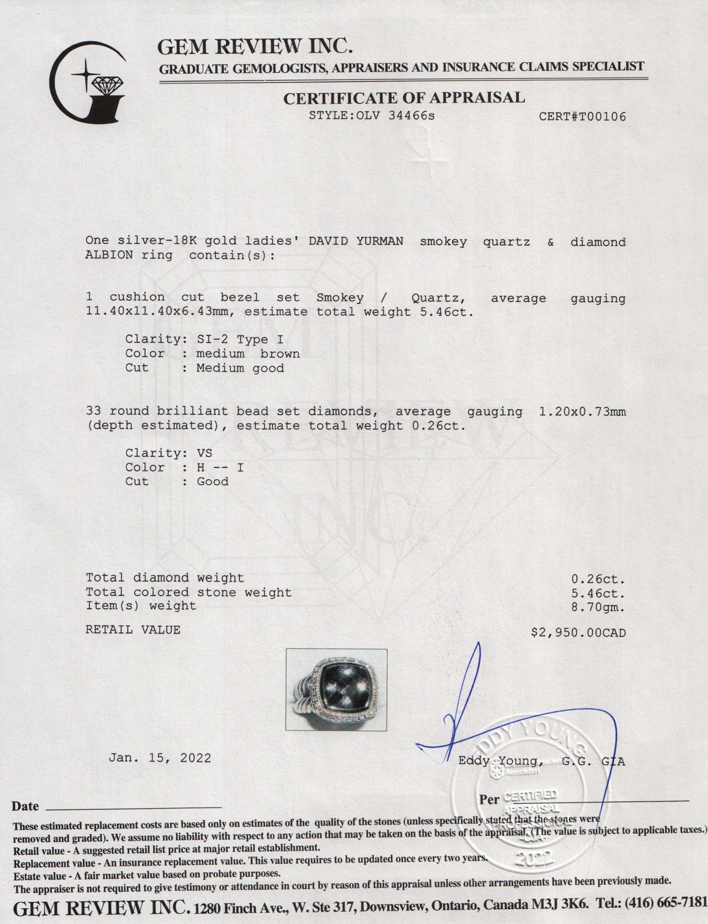 David Yurman Two-Tone Smoky Quartz & Diamond Albion Ring