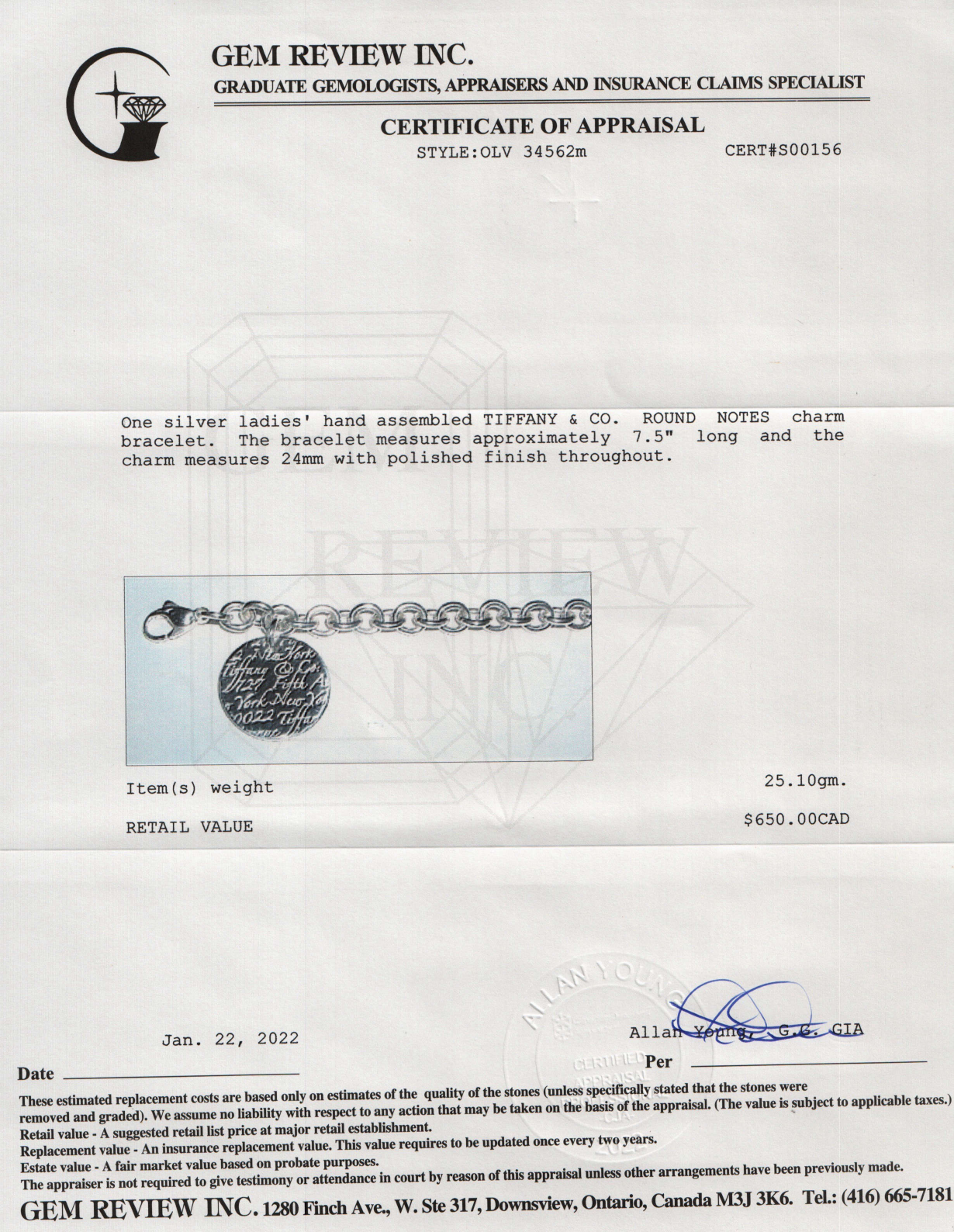 Tiffany & Co. Notes Round Tag Charm Bracelet