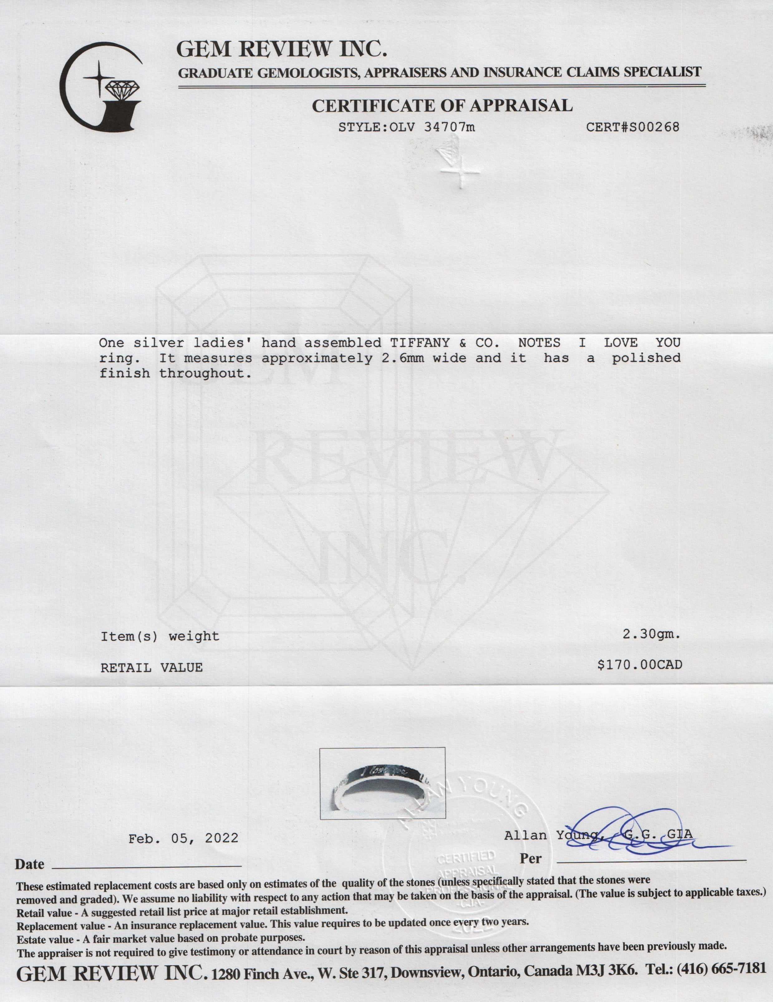 Tiffany & Co. Notes "I Love You" Ring