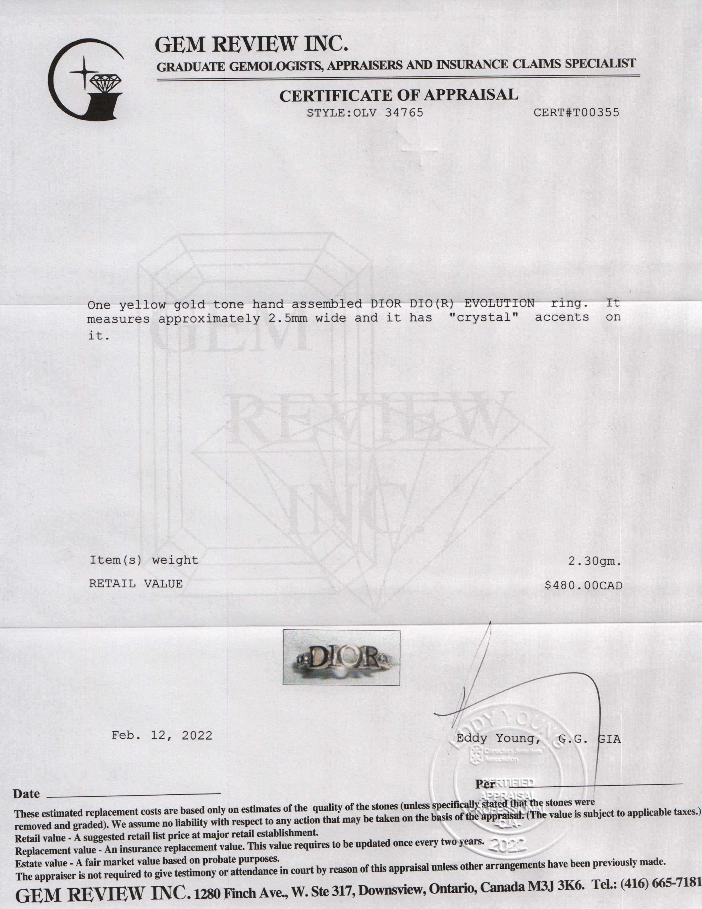 Christian Dio(r) Evolution Ring w/ Box & Receipt