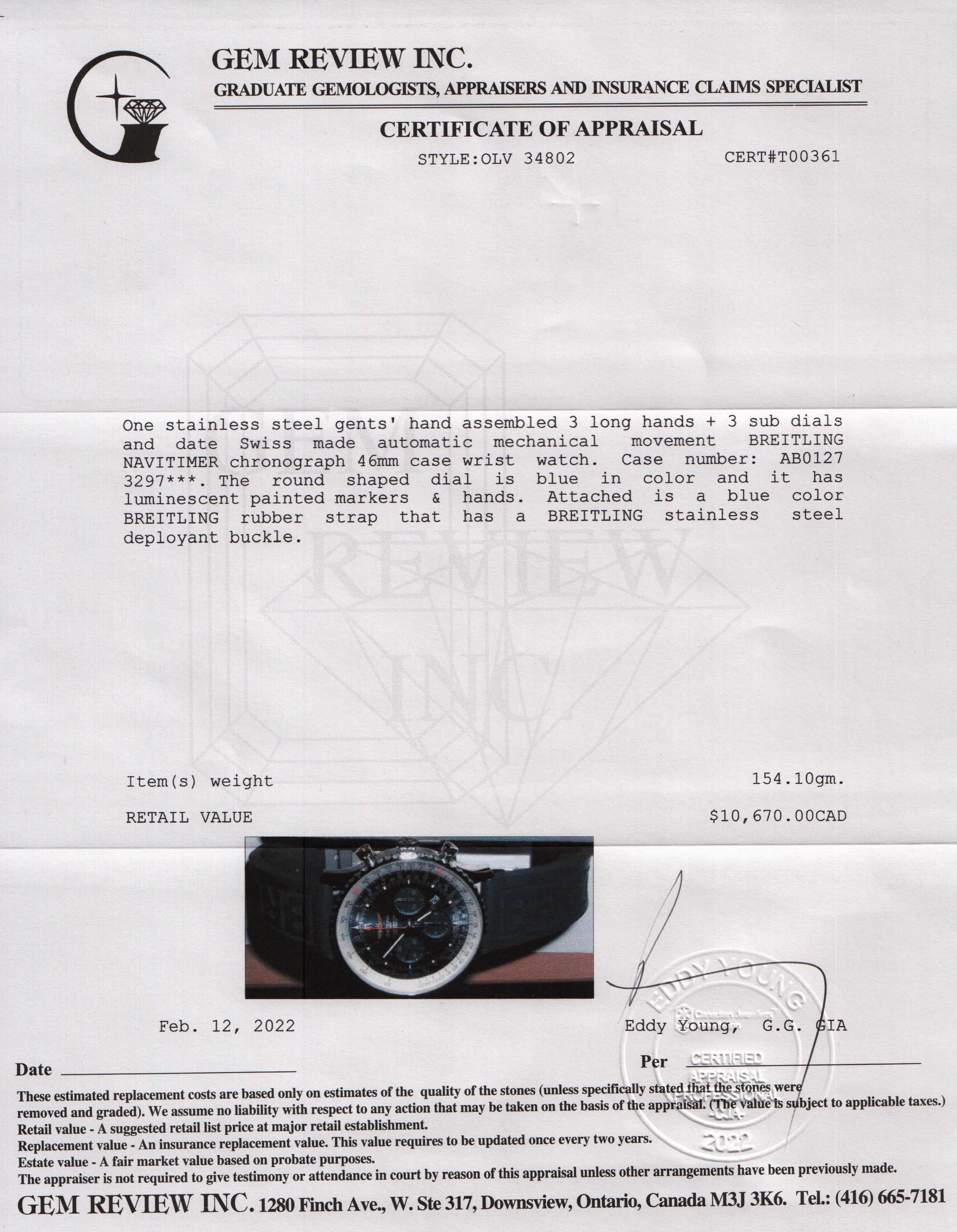 Breitling Navitimer Chronograph Watch w/ Box, Receipt & Extra Strap