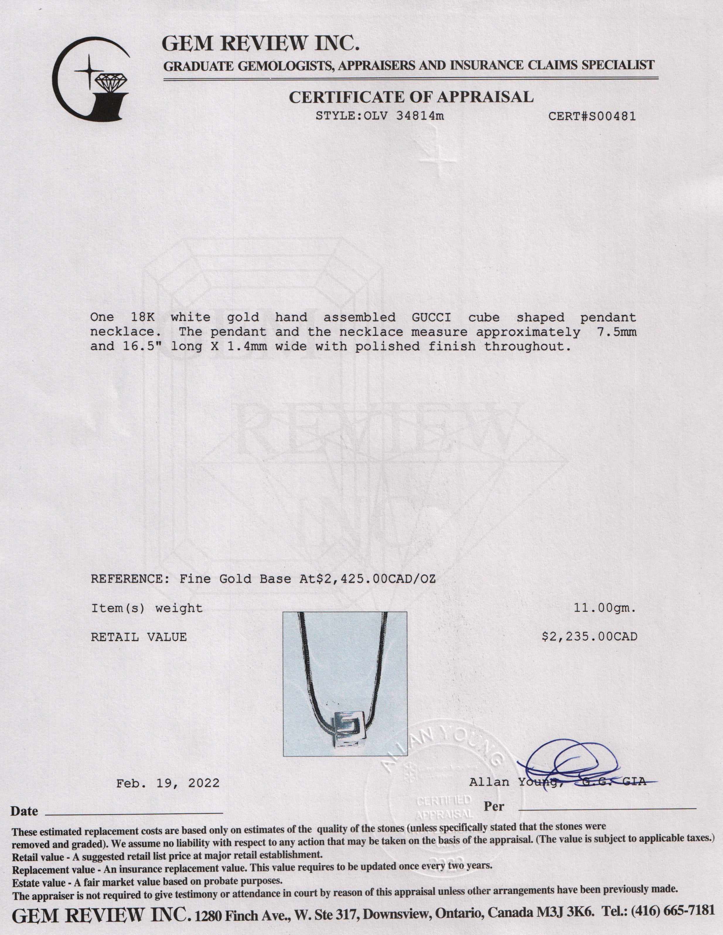 Gucci 18k White Gold Cube Necklace