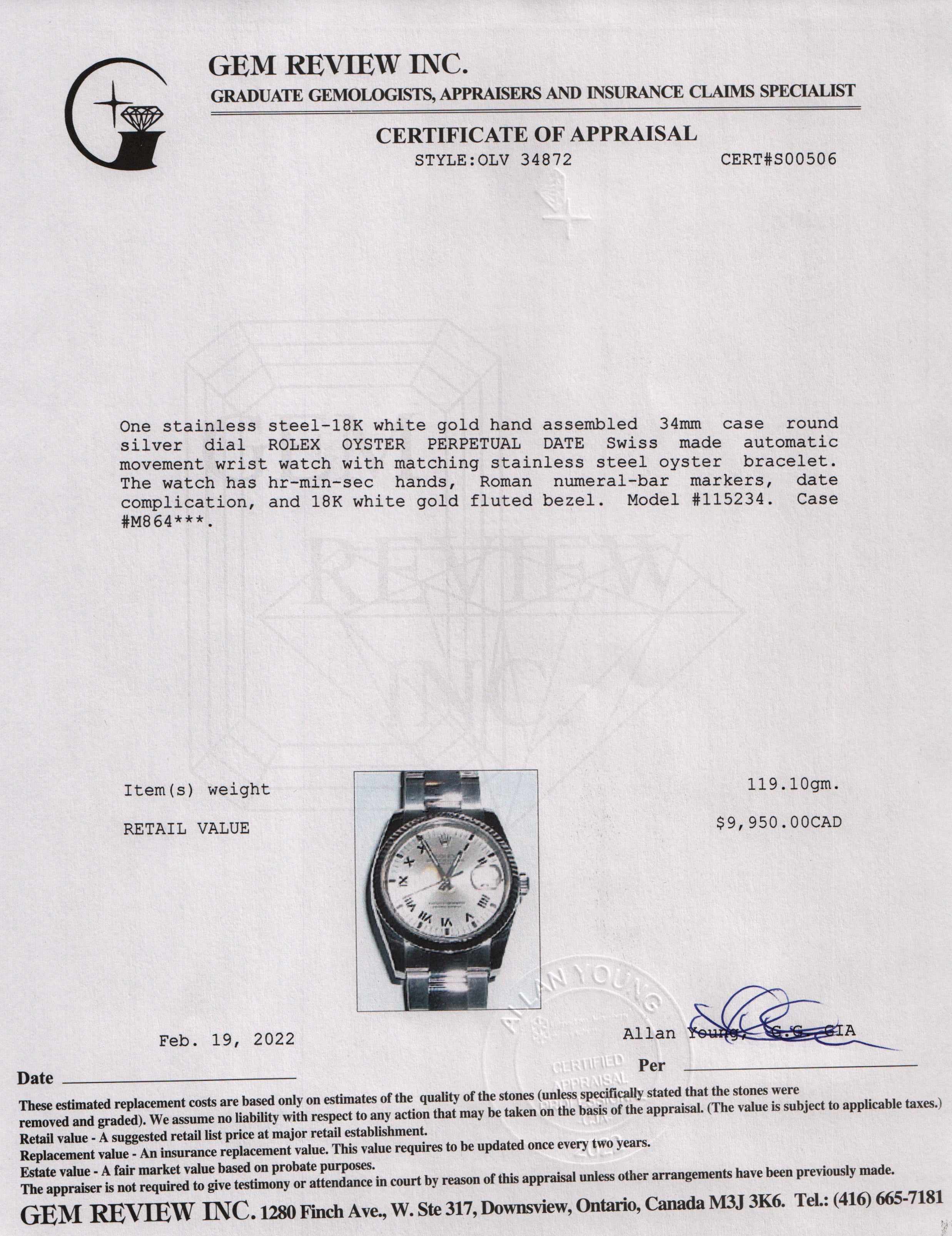 Rolex Oyster Perpetual Date 34 mm Watch w/ Box & Papers