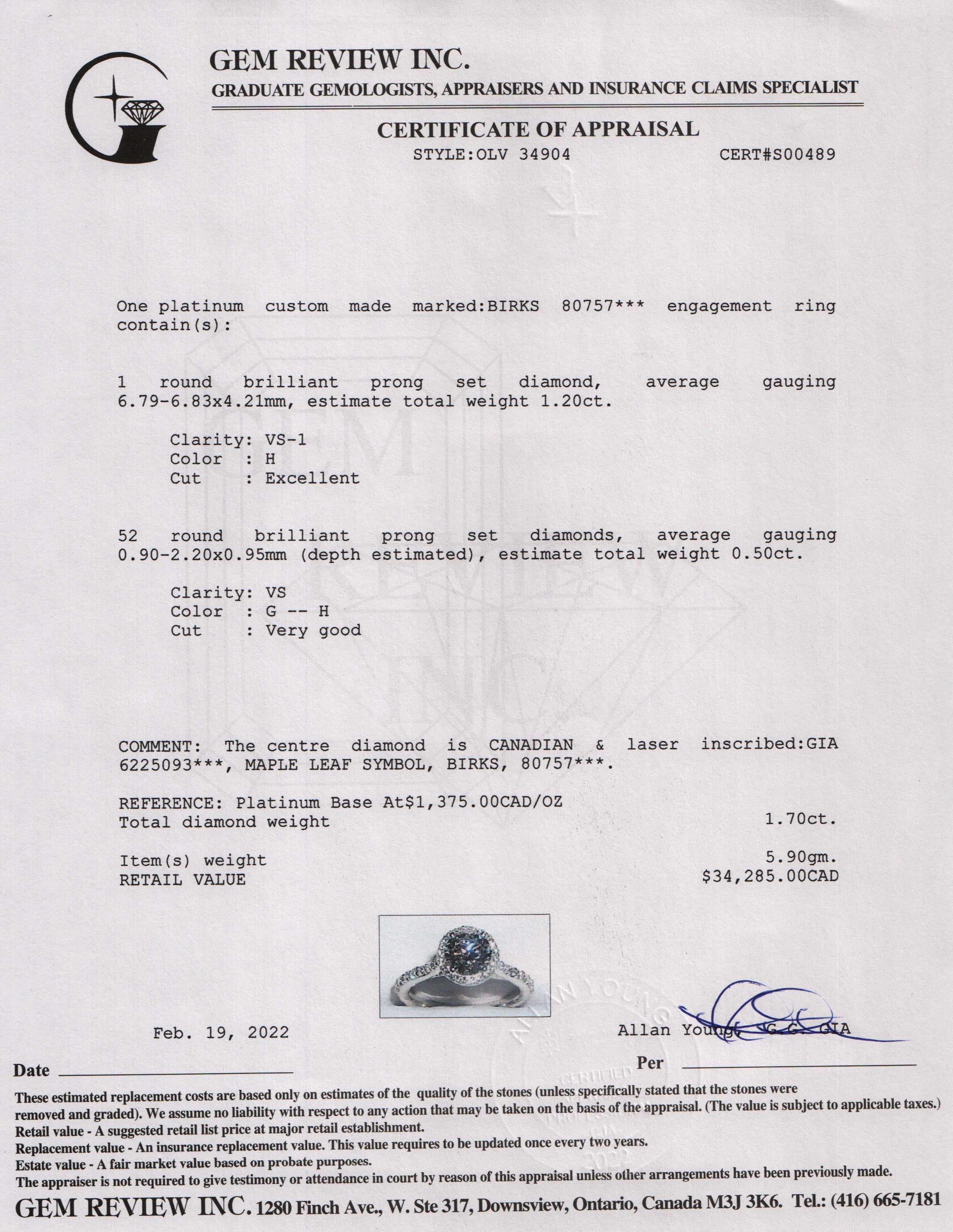 Birks Platinum 1.20 ct. Canadian Diamond Engagement Ring