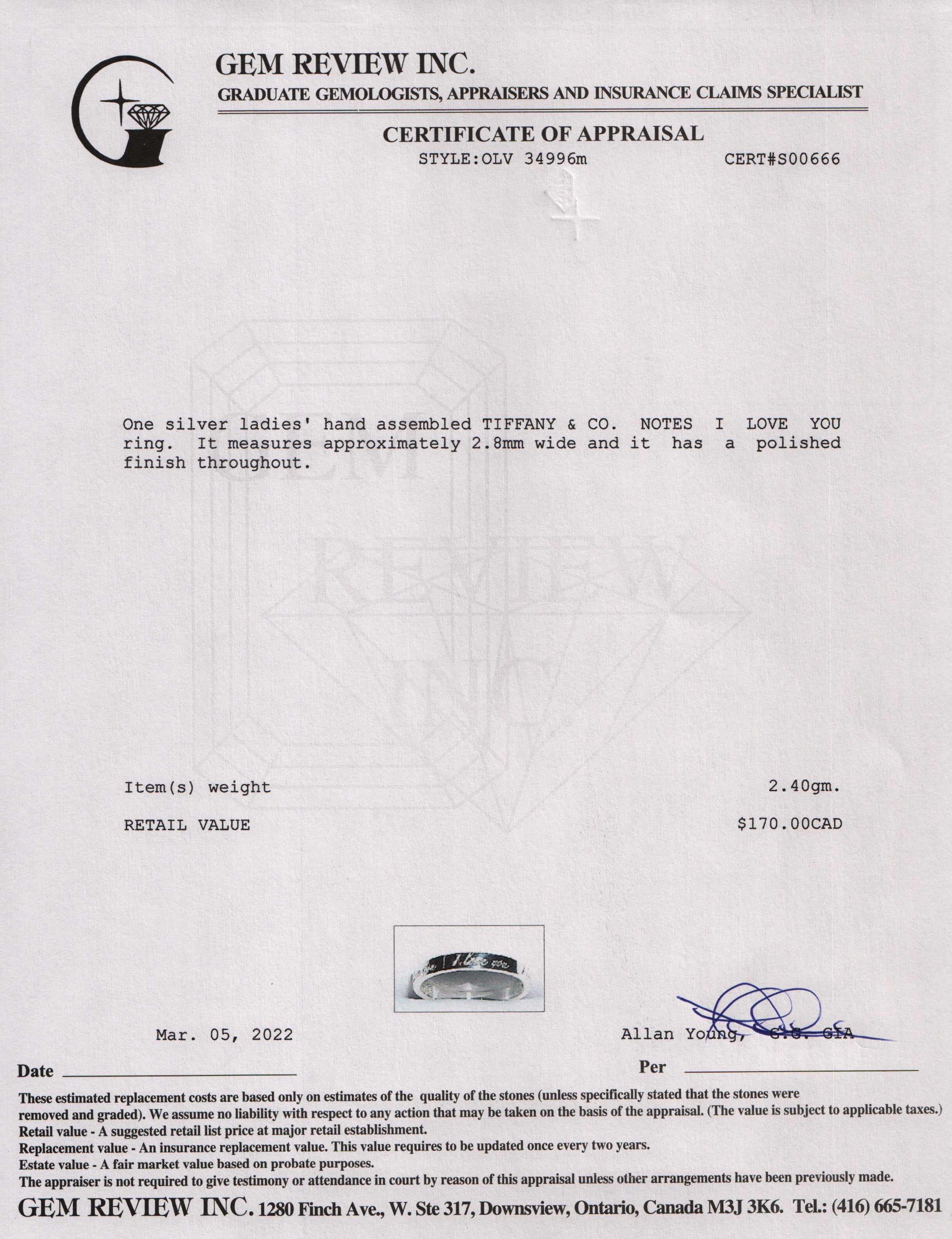 Tiffany & Co. Notes "I Love You" Ring