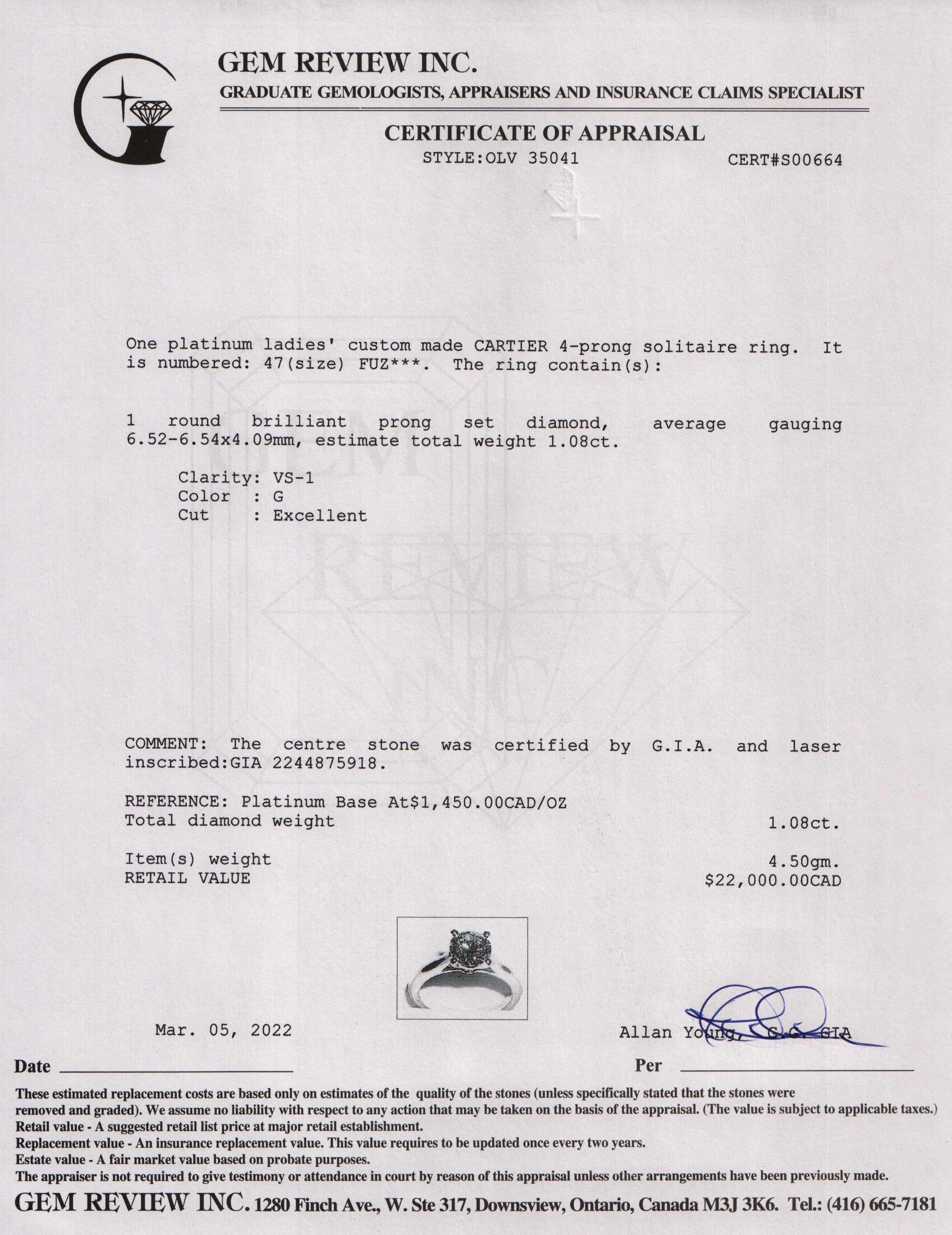 Cartier Platinum Diamond Solitaire Engagement Ring