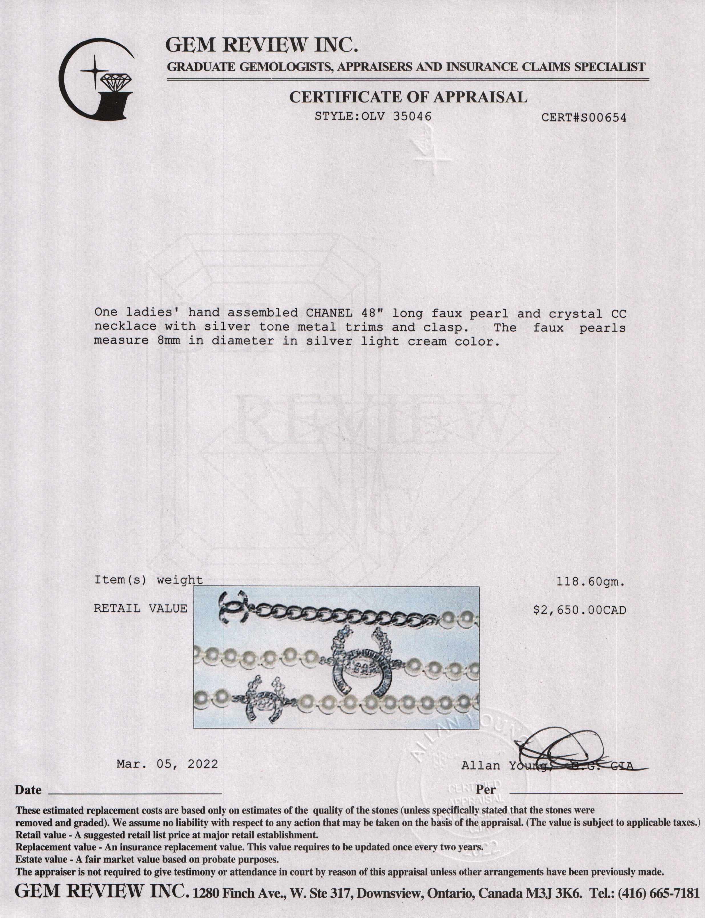 Chanel Faux Pearl & Crystal CC Necklace w/ Box